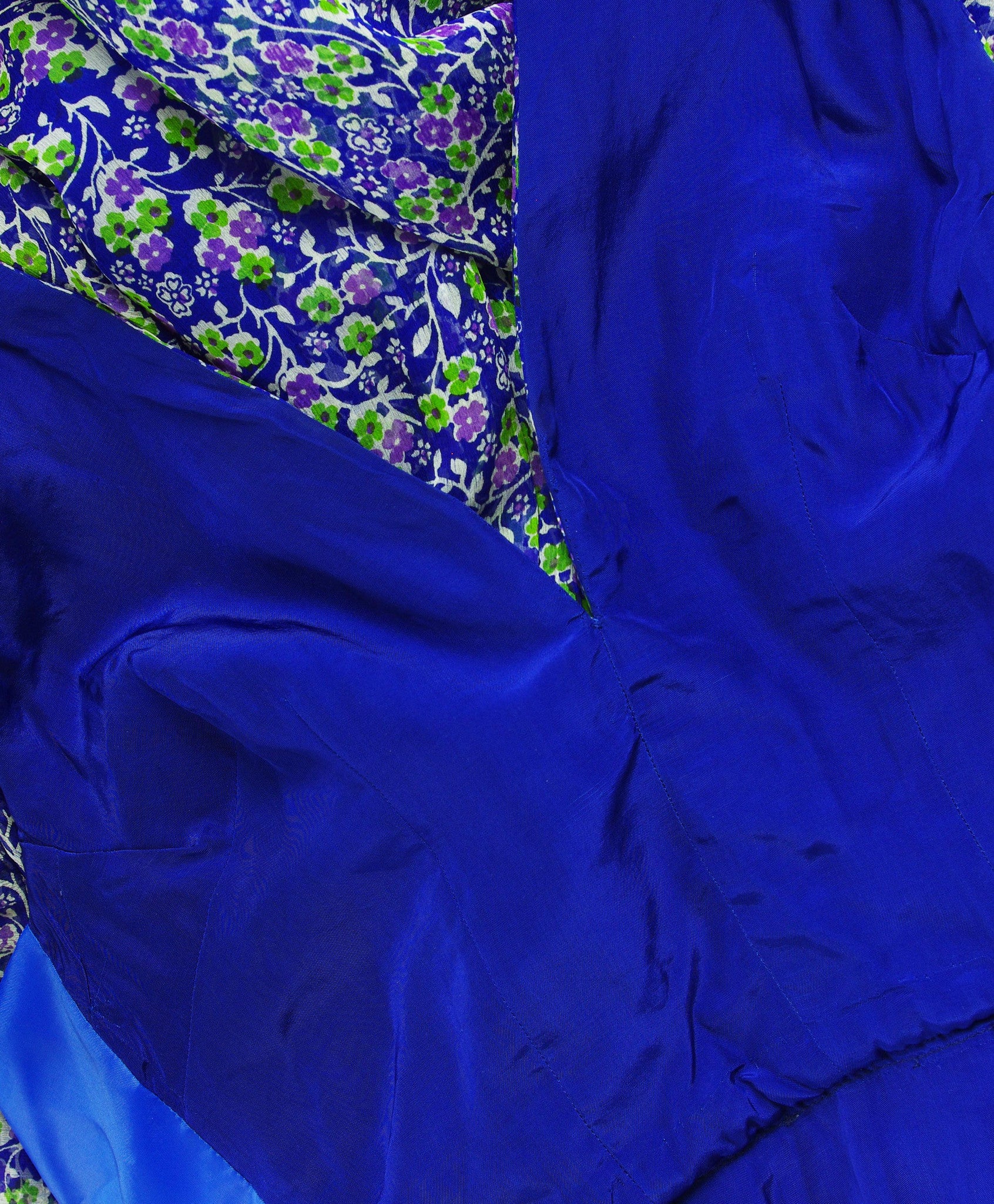 1970s Blue Floral Silk Chiffon Caftan Maxi Dress