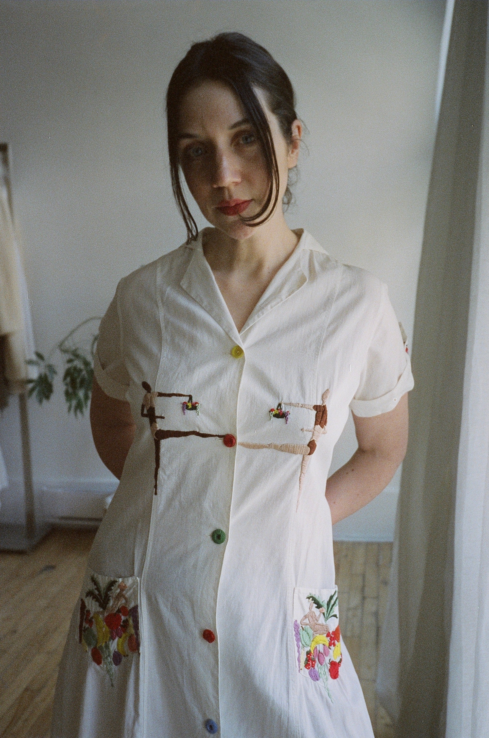 1930s Novelty Hand-Embroidered White Cotton Work Dress