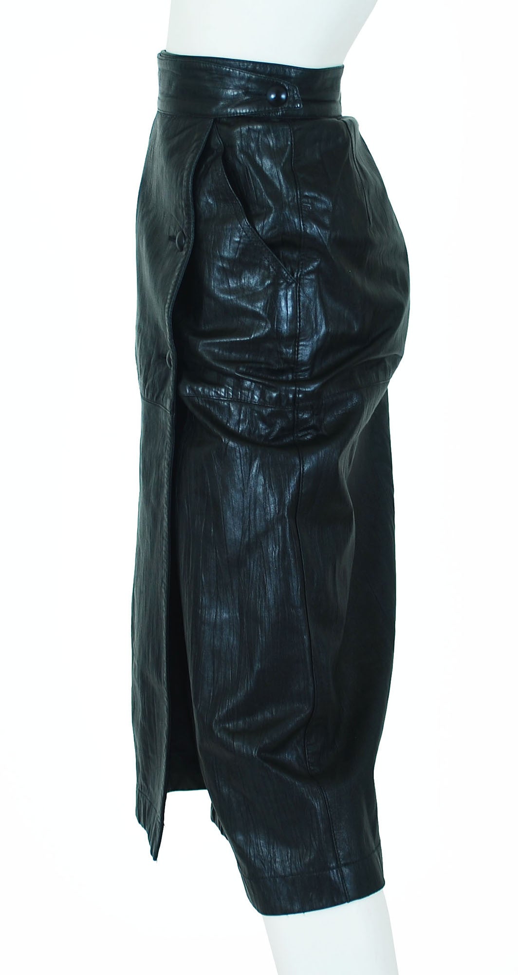 1980s Black Leather Cowhide Wrap Skirt