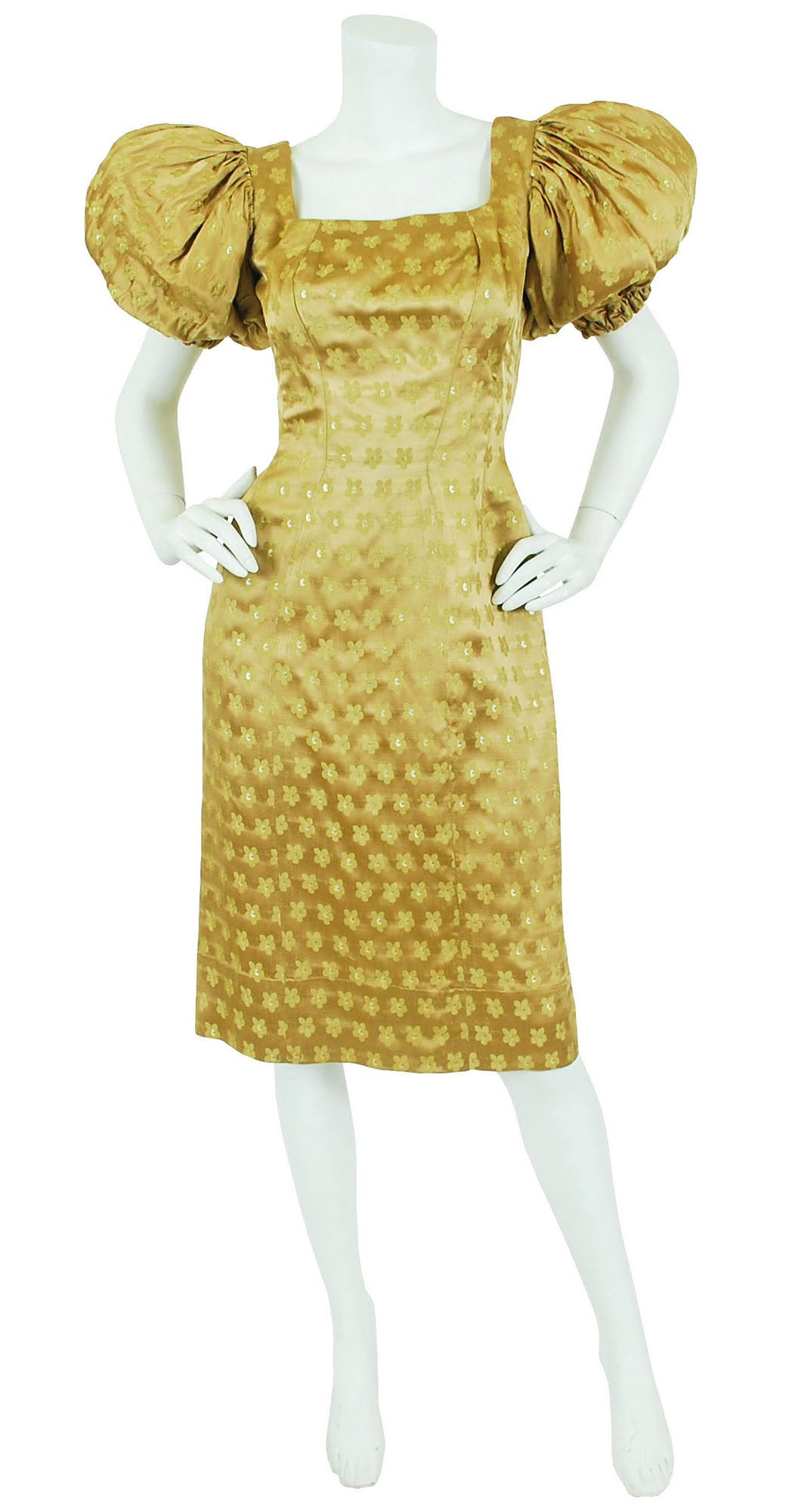 1950s Gold Silk Satin Dramatic Puff Sleeve Dress