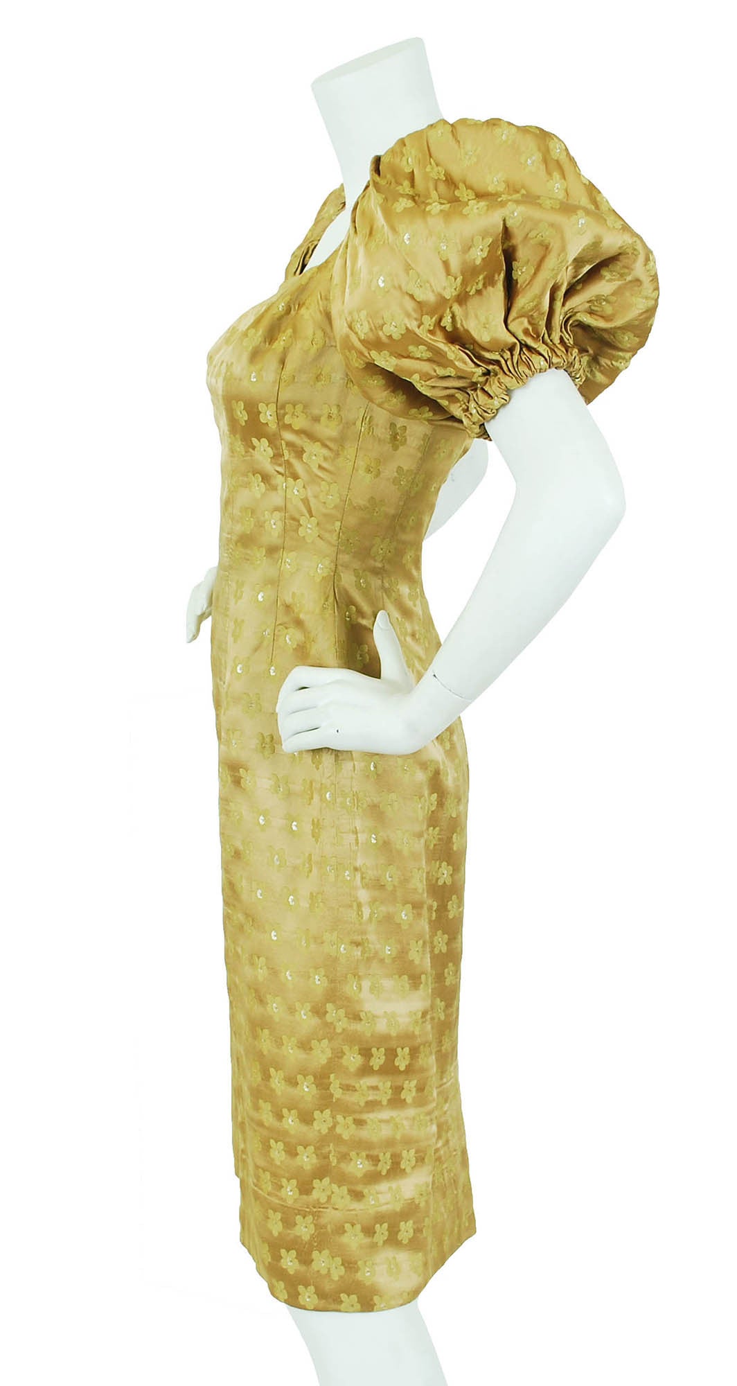 1950s Gold Silk Satin Dramatic Puff Sleeve Dress