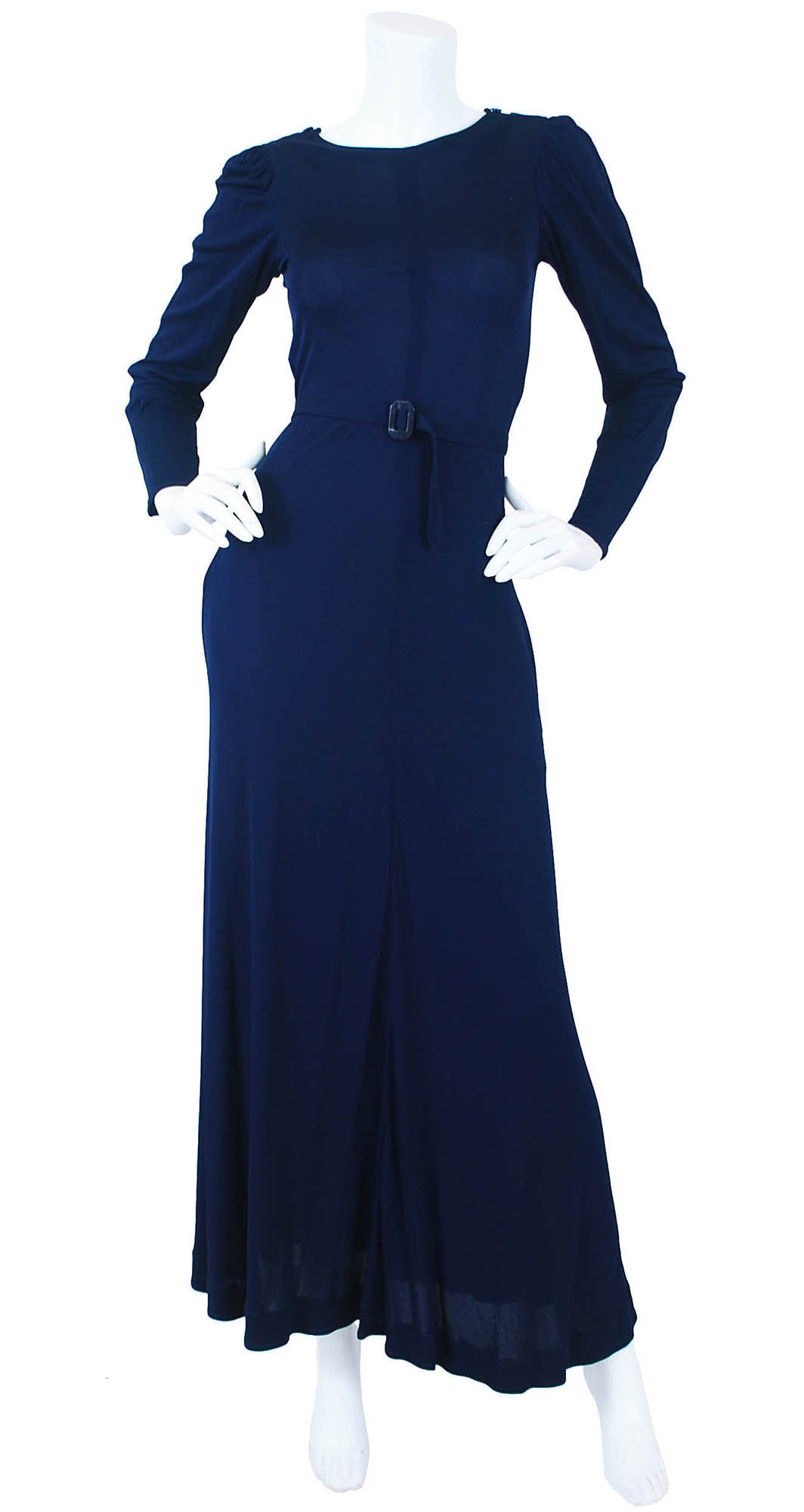 1970's Navy Jersey Deco Belt Maxi Dress