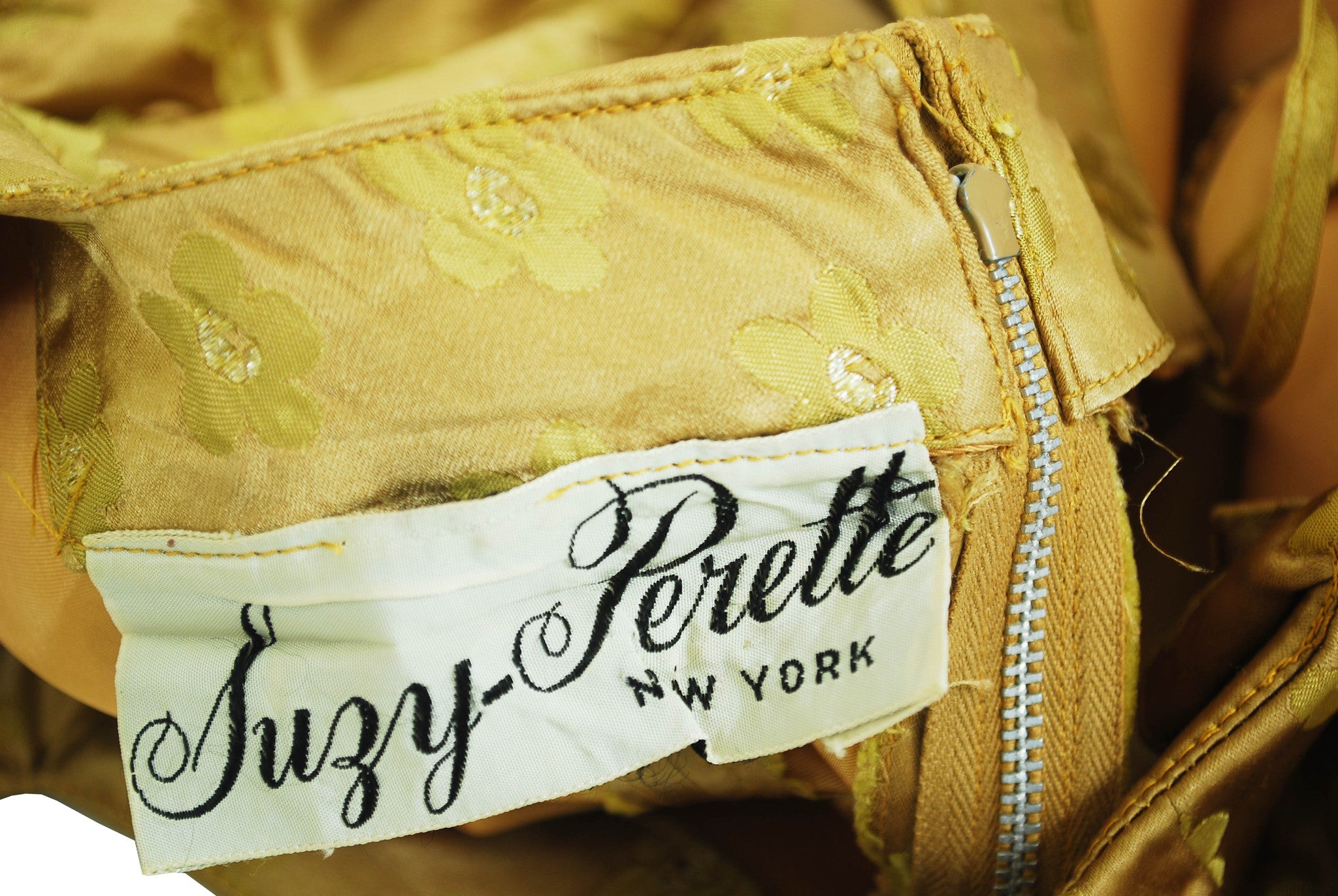 1950s Gold Silk Satin Dramatic Puff Sleeve Dress