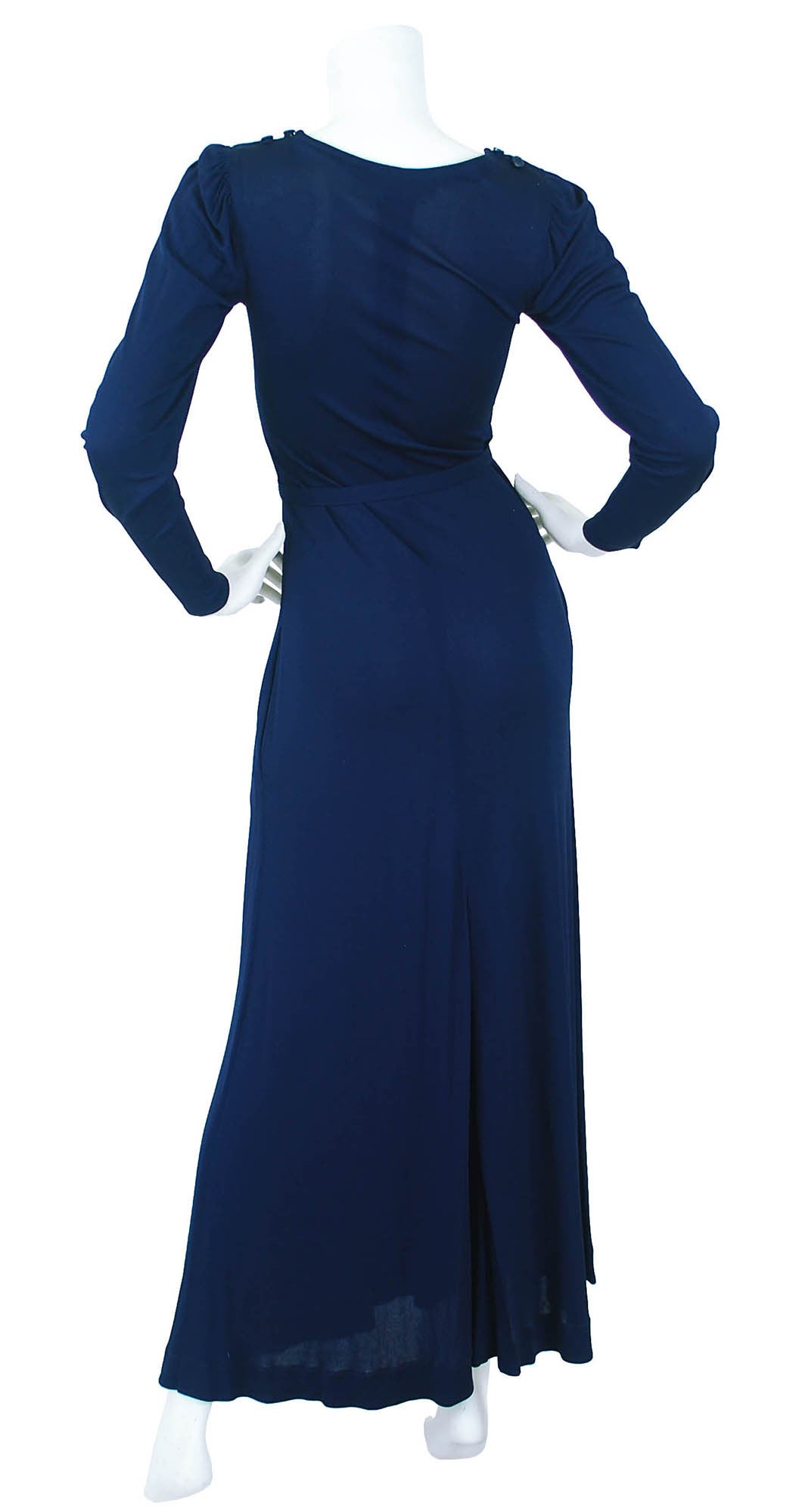 1970's Navy Jersey Deco Belt Maxi Dress