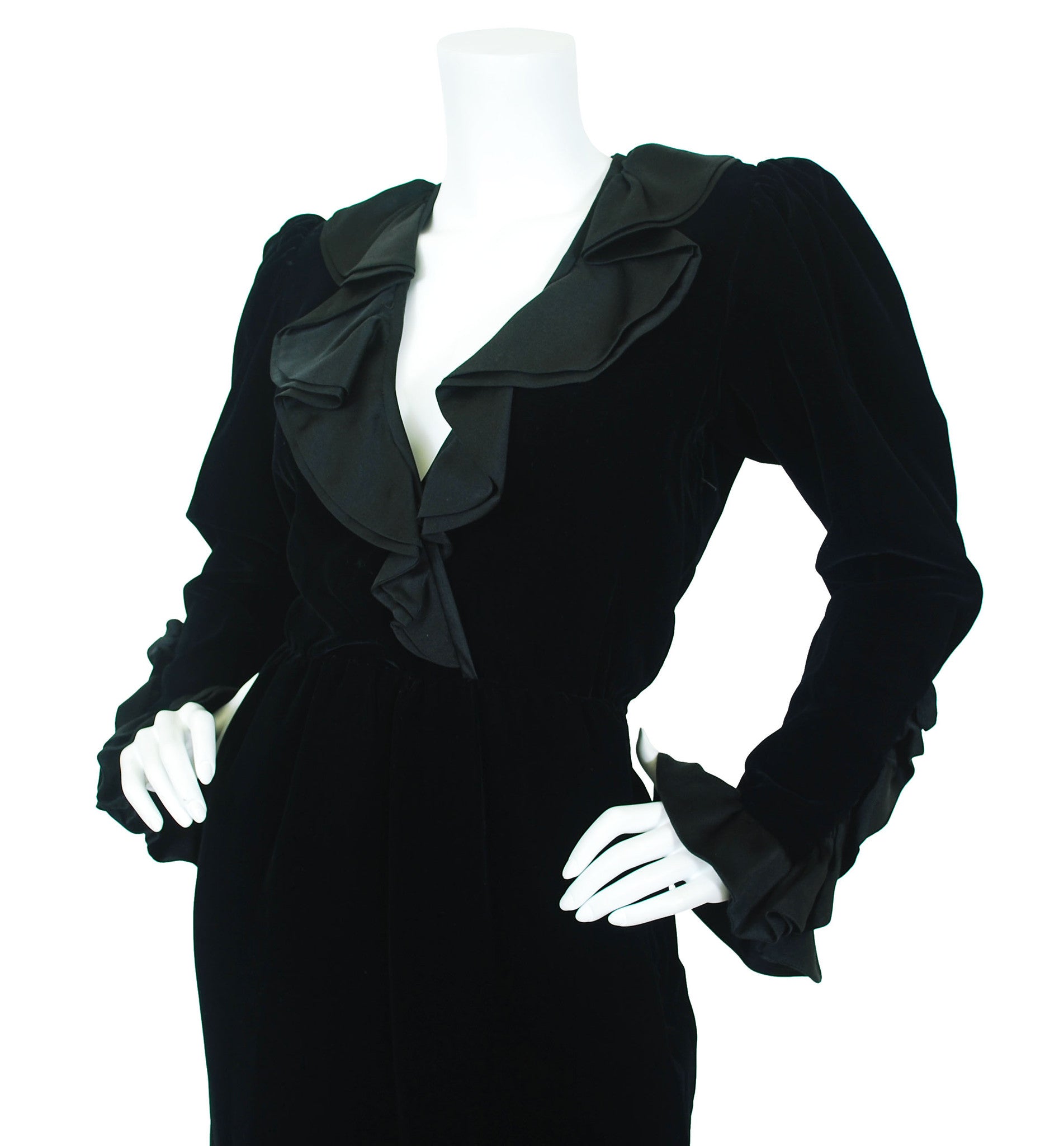 1986 Documented Black Velvet & Satin Ruffle Evening Dress