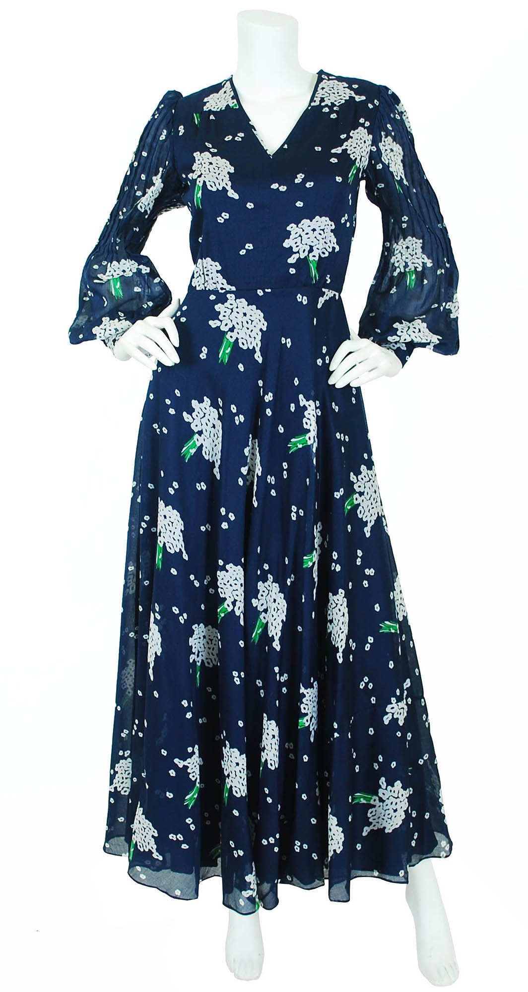 1970's Navy Floral Cotton Balloon Sleeve Maxi