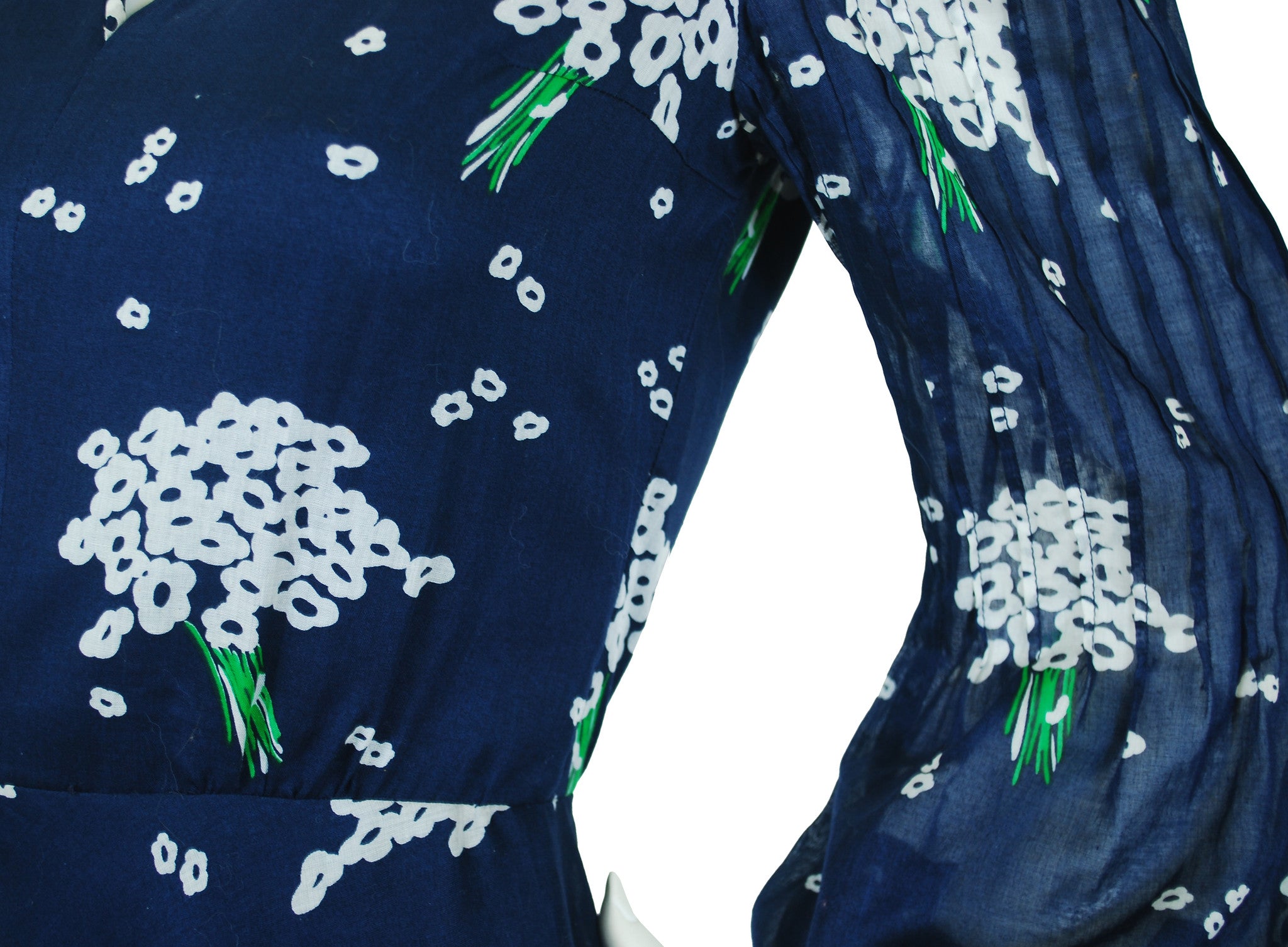 1970's Navy Floral Cotton Balloon Sleeve Maxi