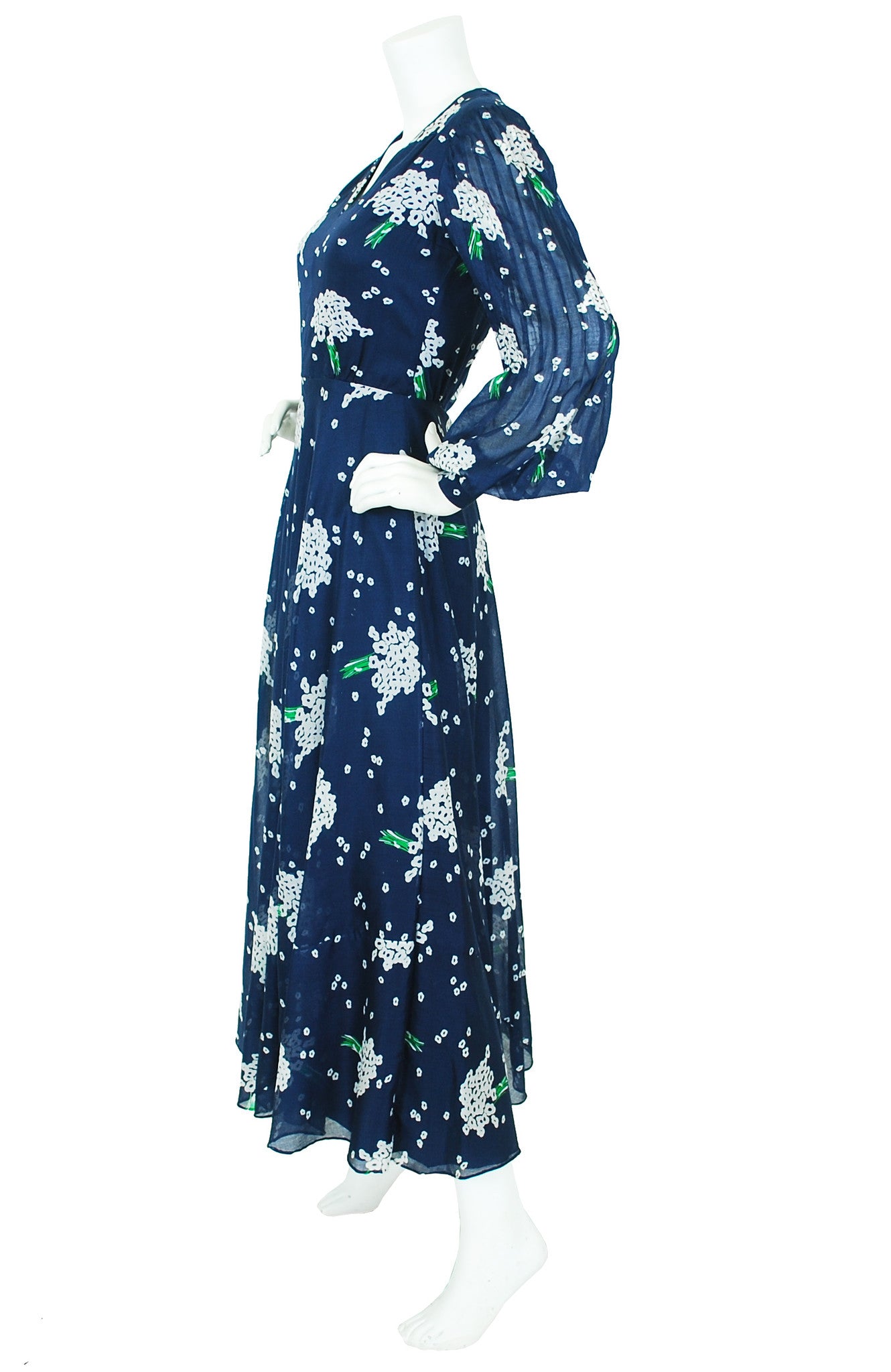1970's Navy Floral Cotton Balloon Sleeve Maxi