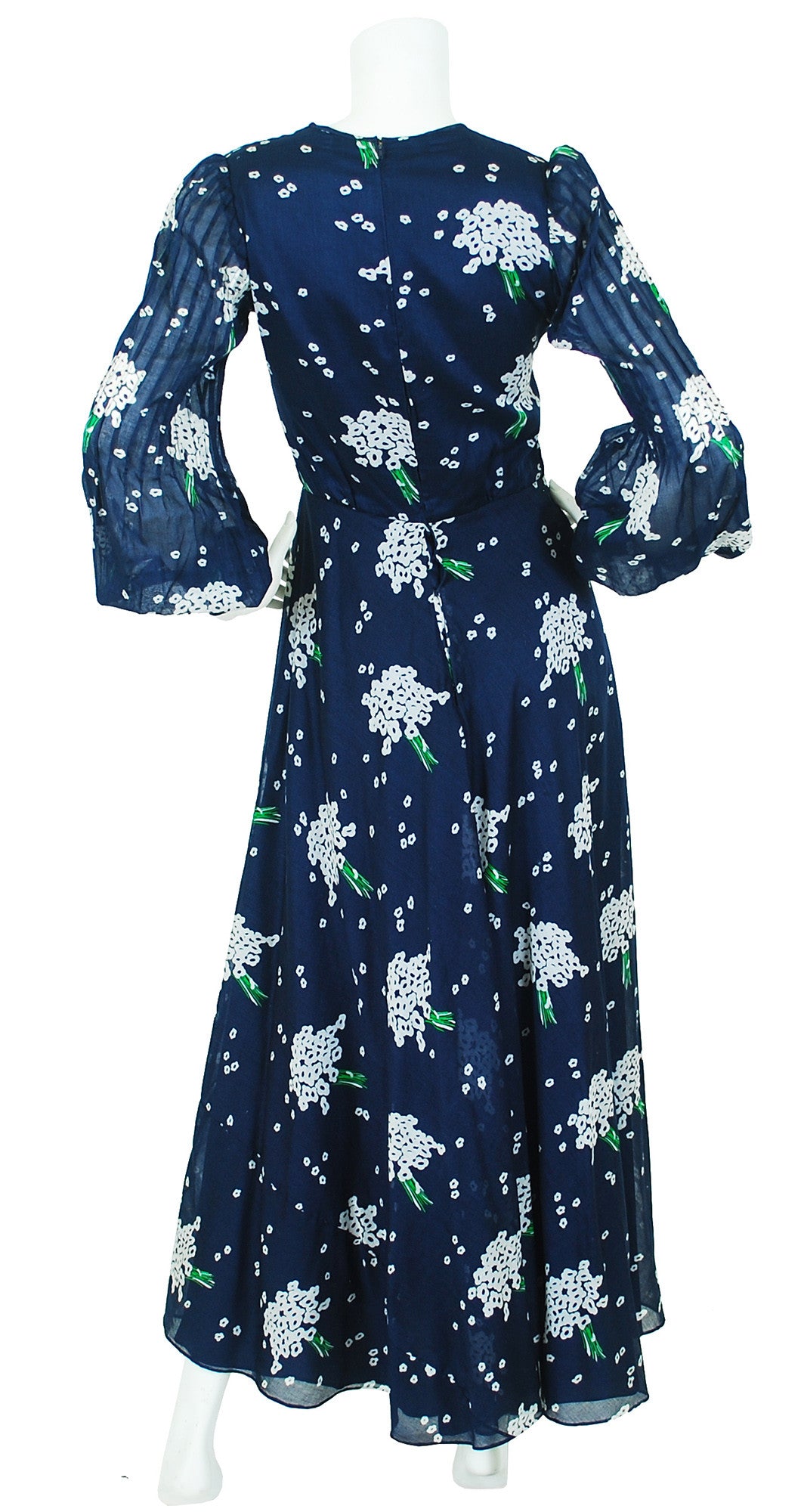 1970's Navy Floral Cotton Balloon Sleeve Maxi
