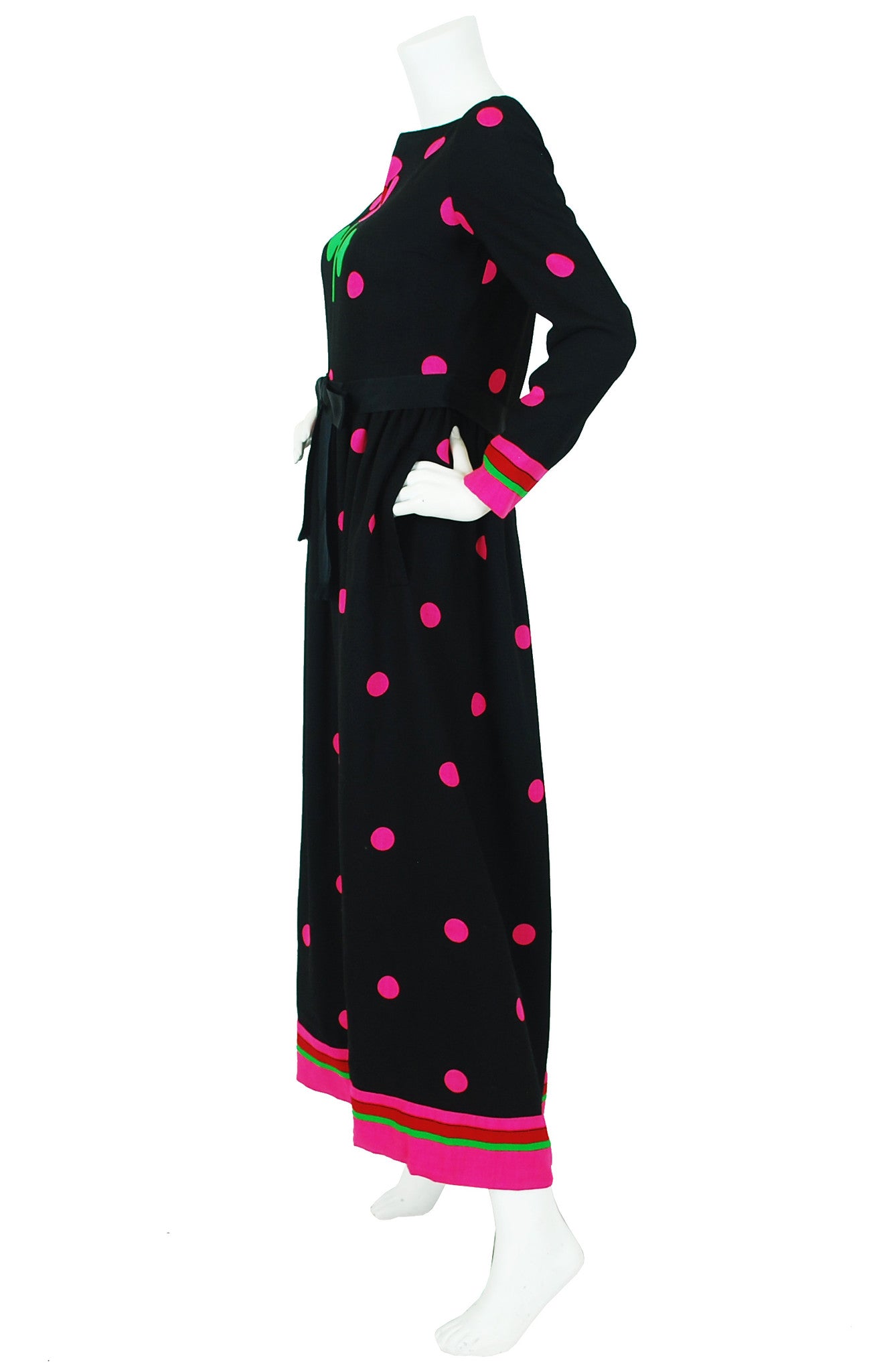 c.1970 Flower Polka-Dot Wool Crepe Maxi Dress