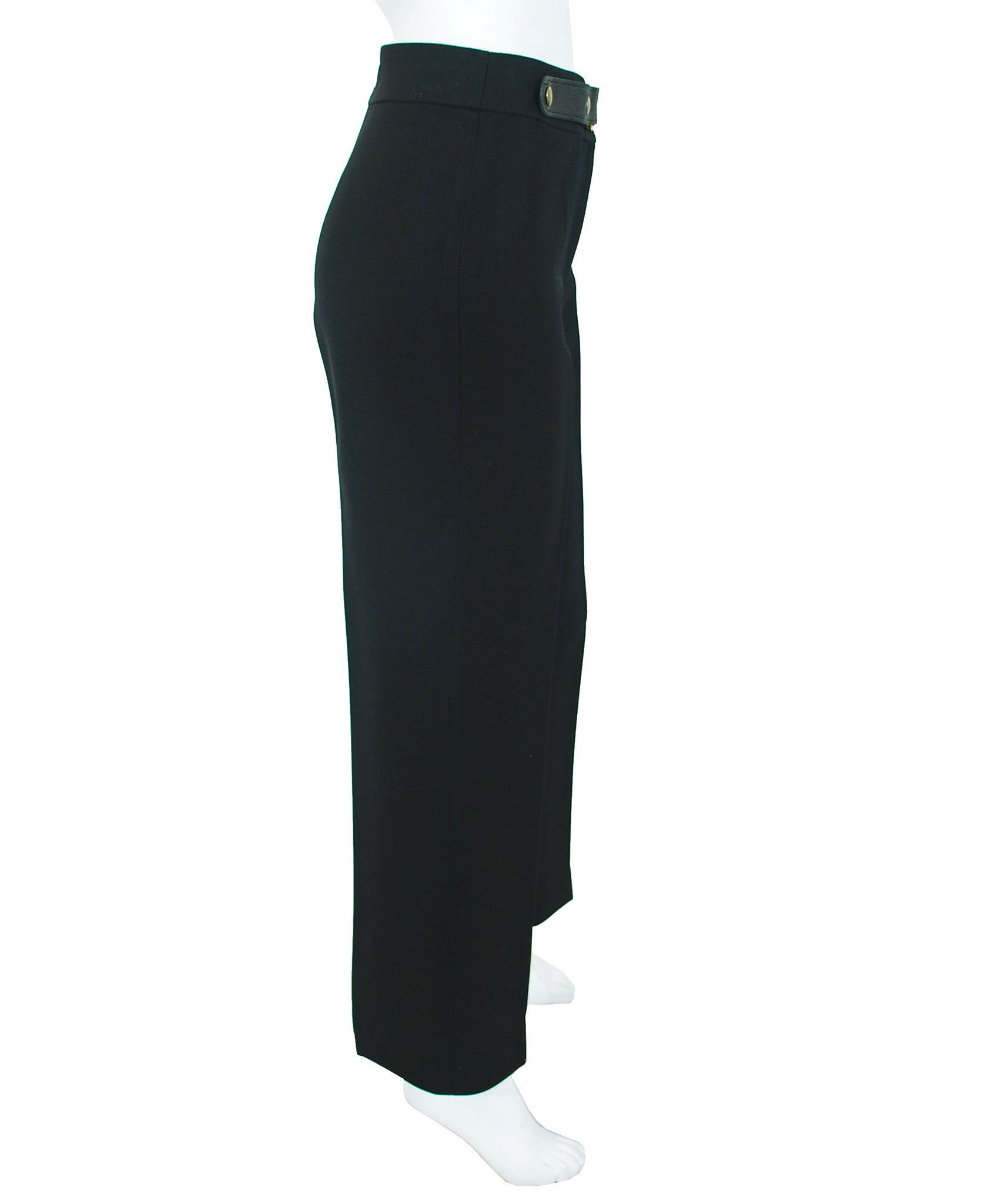 1970s Black Wool Logo Leather Trim Trousers