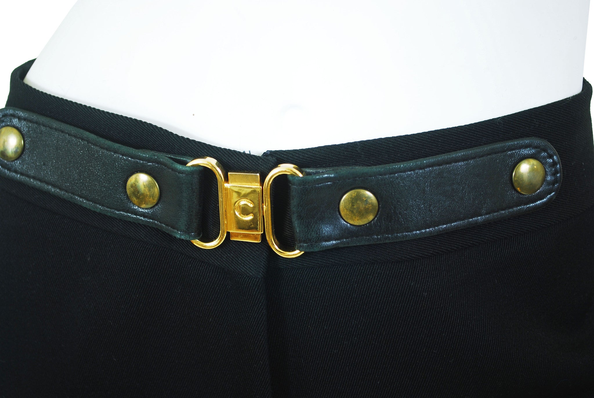 1970s Black Wool Logo Leather Trim Trousers