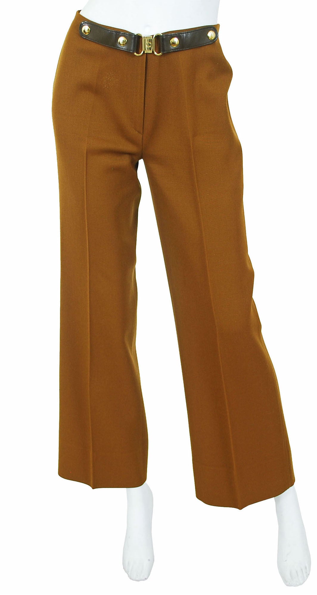 1970s Brown Wool Logo Leather Trim Trousers