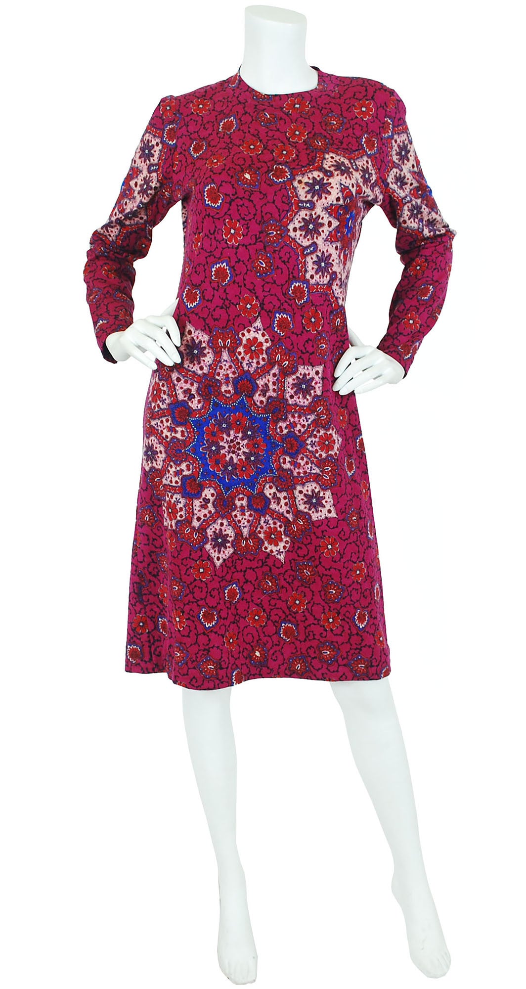1970s Magenta Floral Kaleidoscope Wool Dress