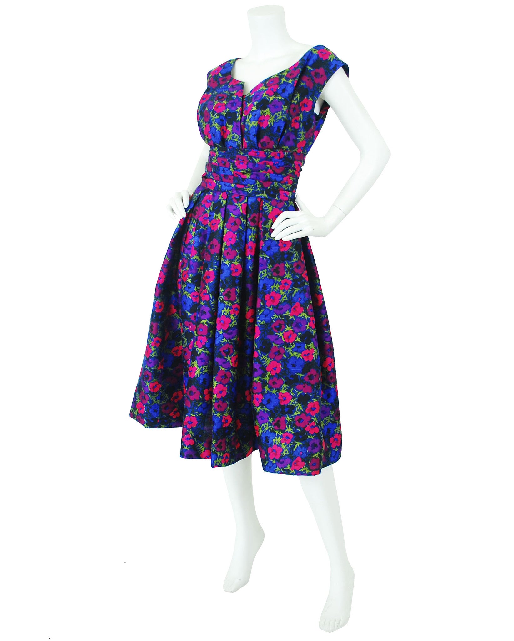 Couture 1950s Floral Silk Full Skirt Dress Set