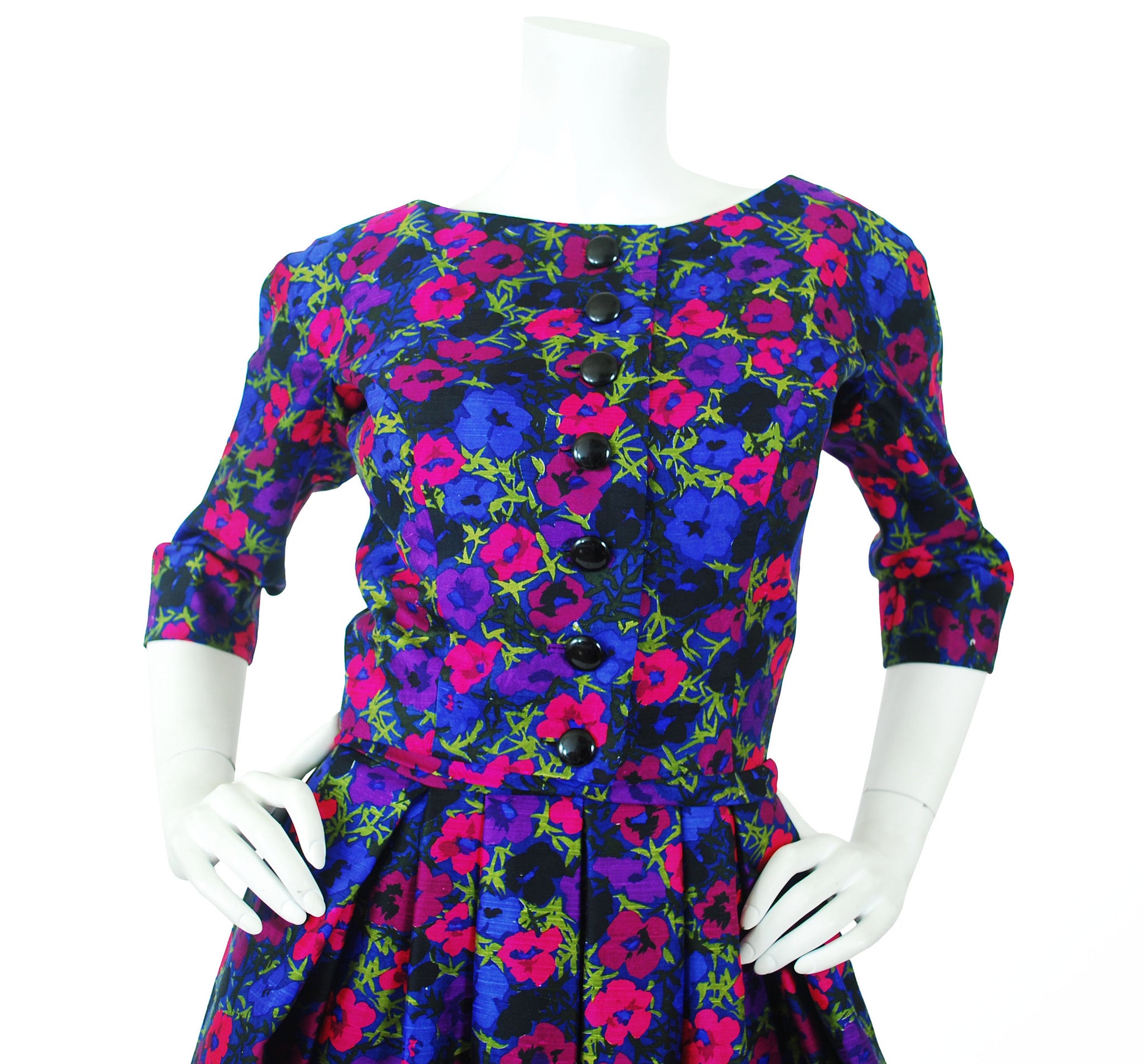 Couture 1950s Floral Silk Full Skirt Dress Set