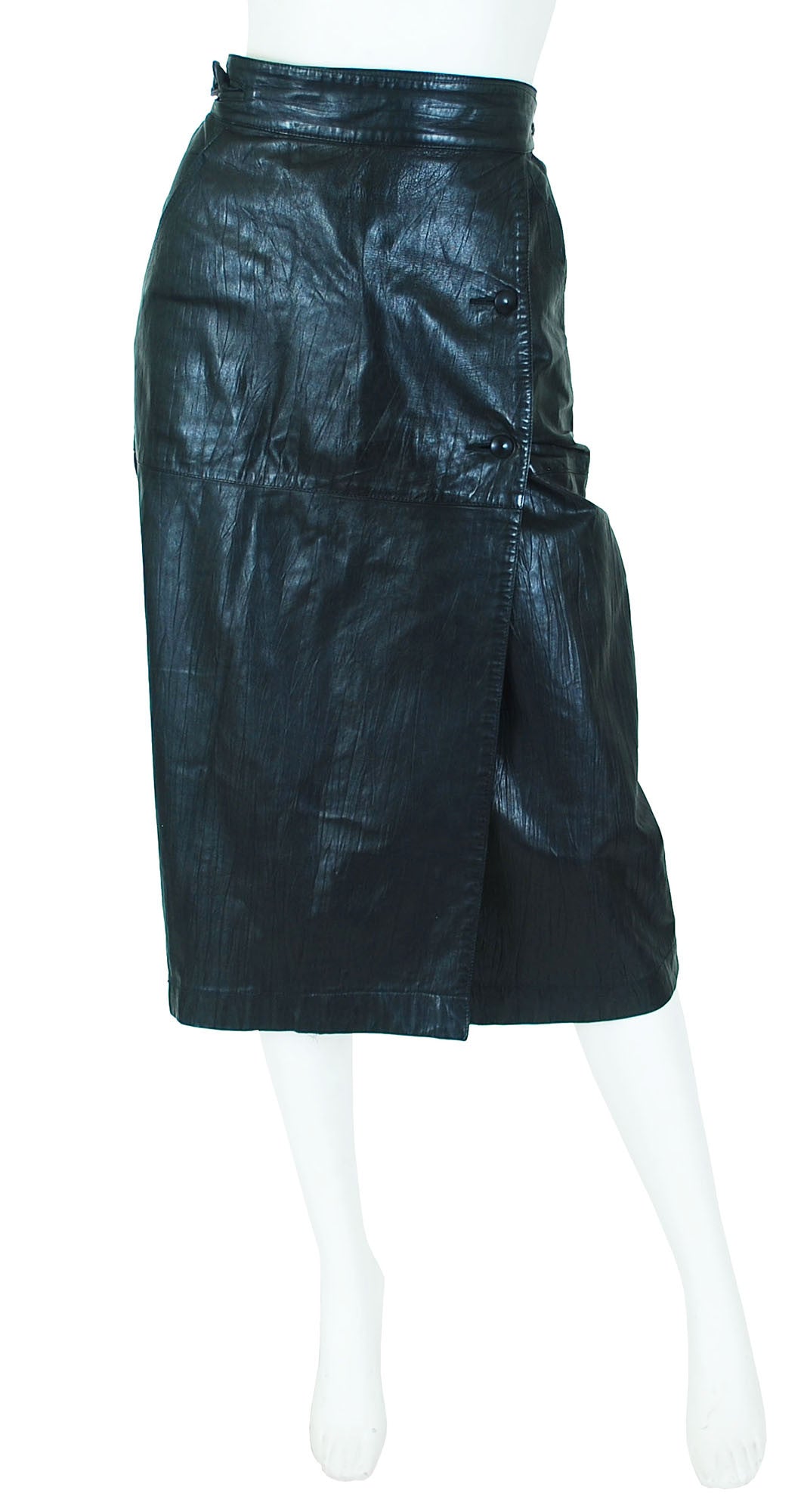 1980s Black Leather Cowhide Wrap Skirt