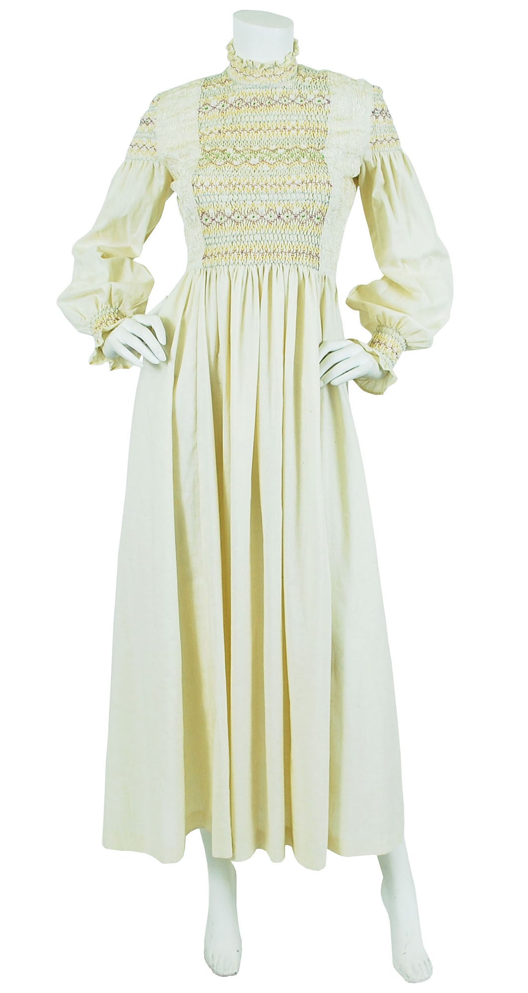 1970's Embroidered Pintuck Cream Cotton Maxi