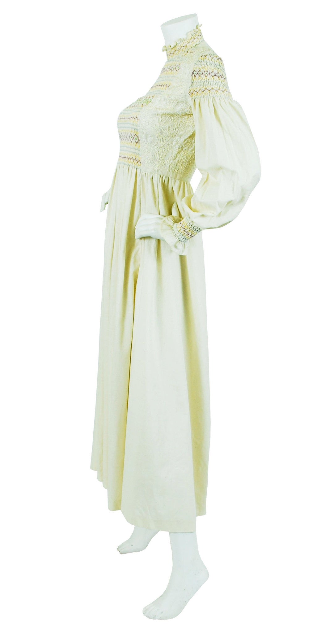 1970's Embroidered Pintuck Cream Cotton Maxi