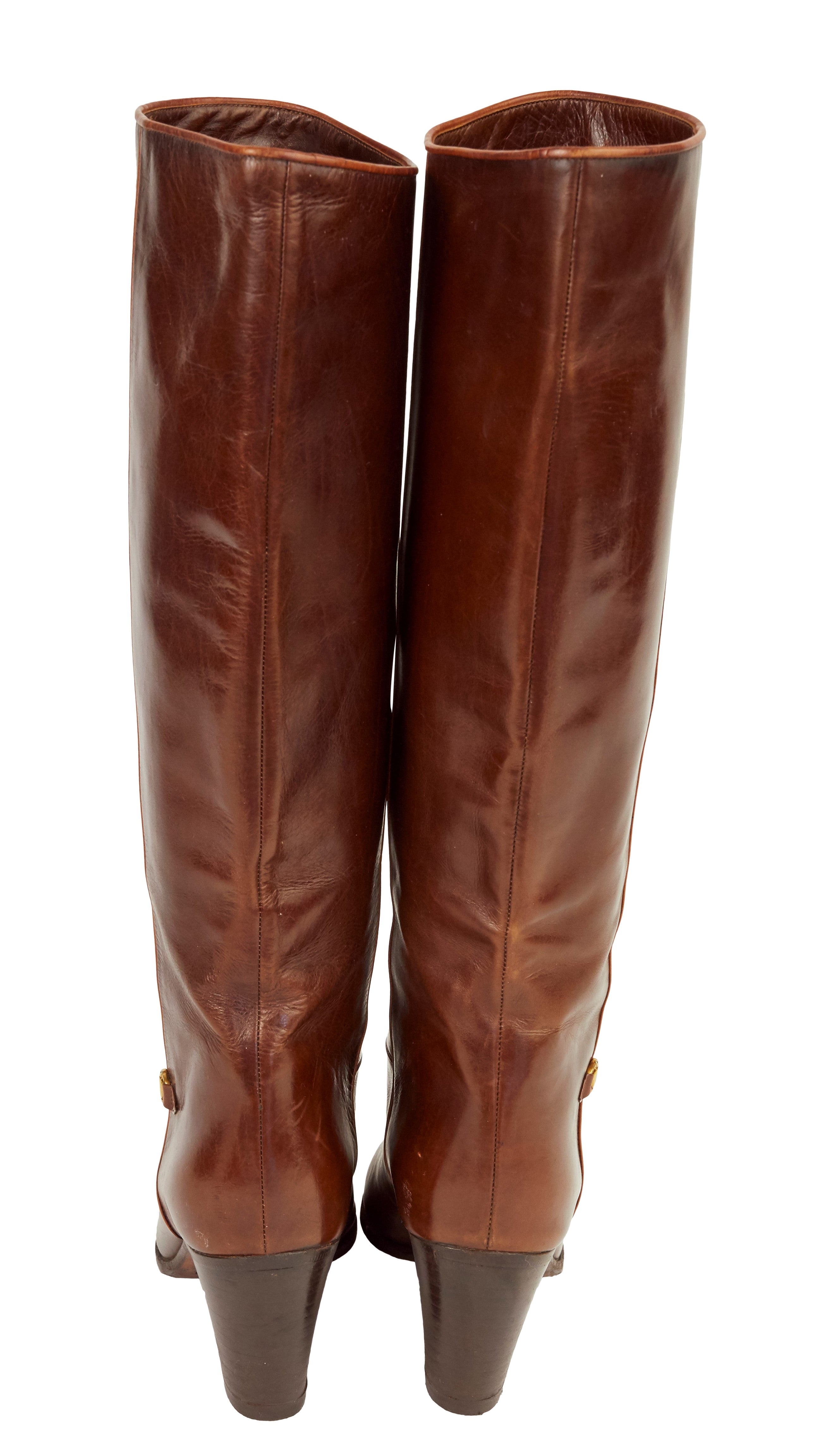 1970s Horsebit Brown Leather Wood Stacked Heel Boots