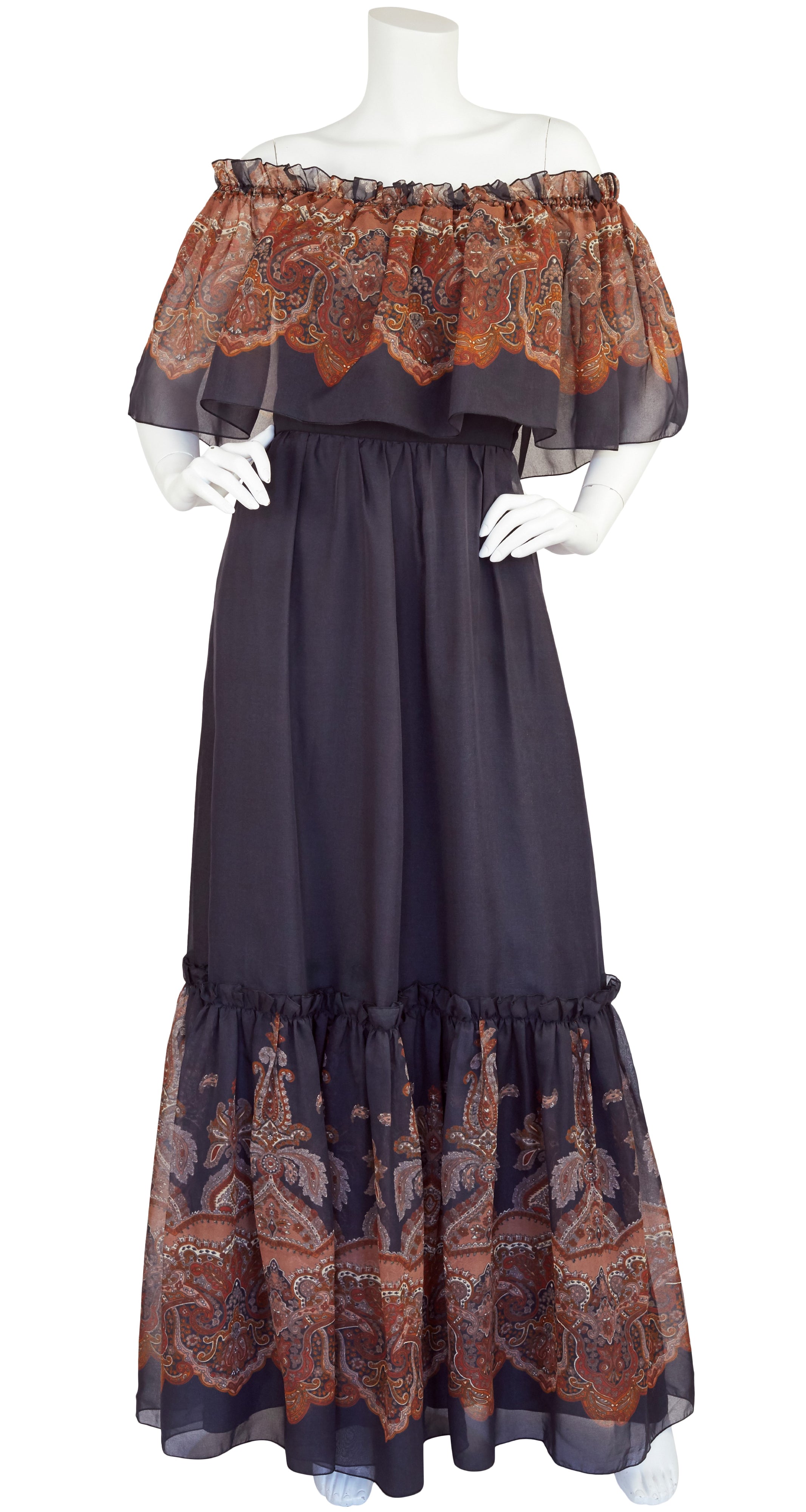 1970s Off-Shoulder Paisley Ruffle Chiffon Maxi Dress