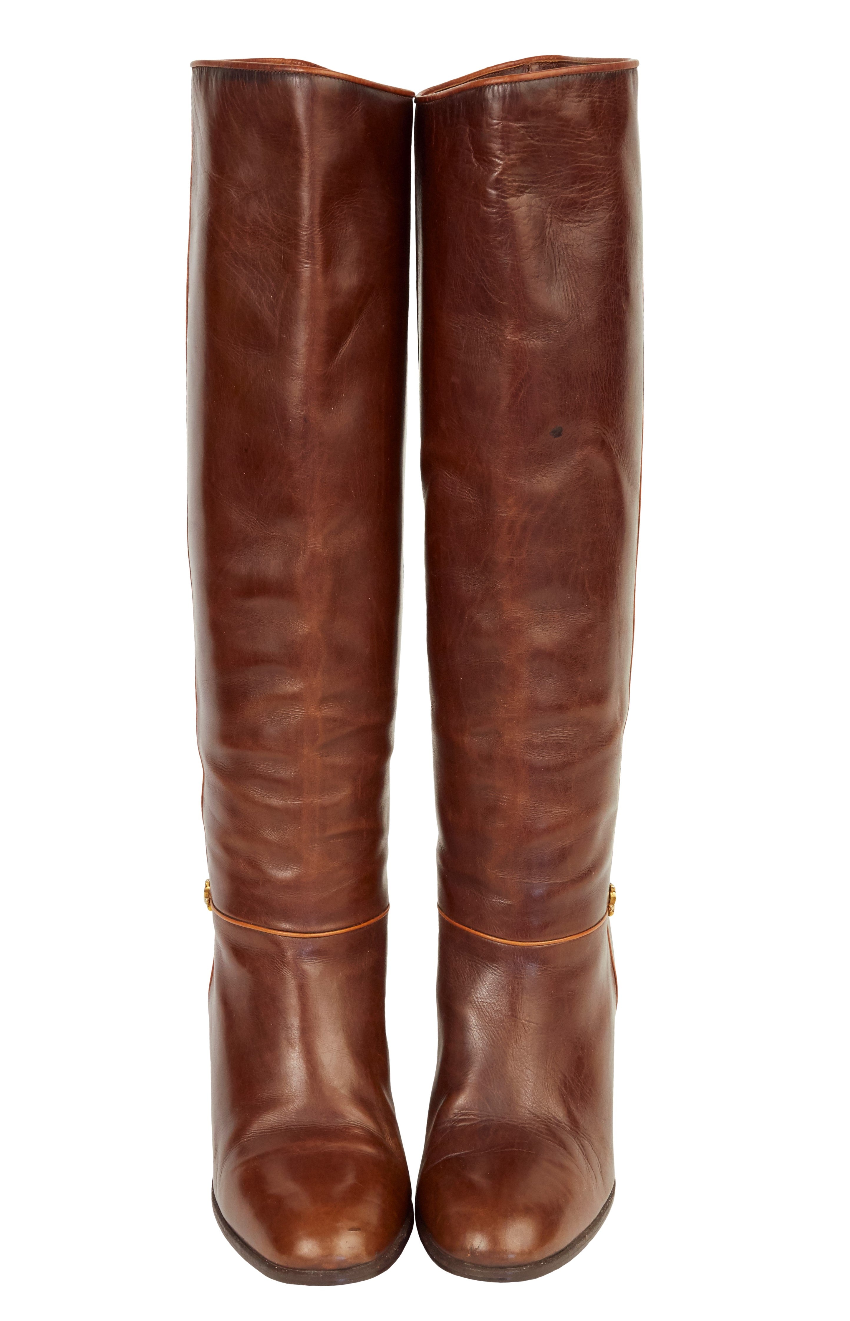 1970s Horsebit Brown Leather Wood Stacked Heel Boots