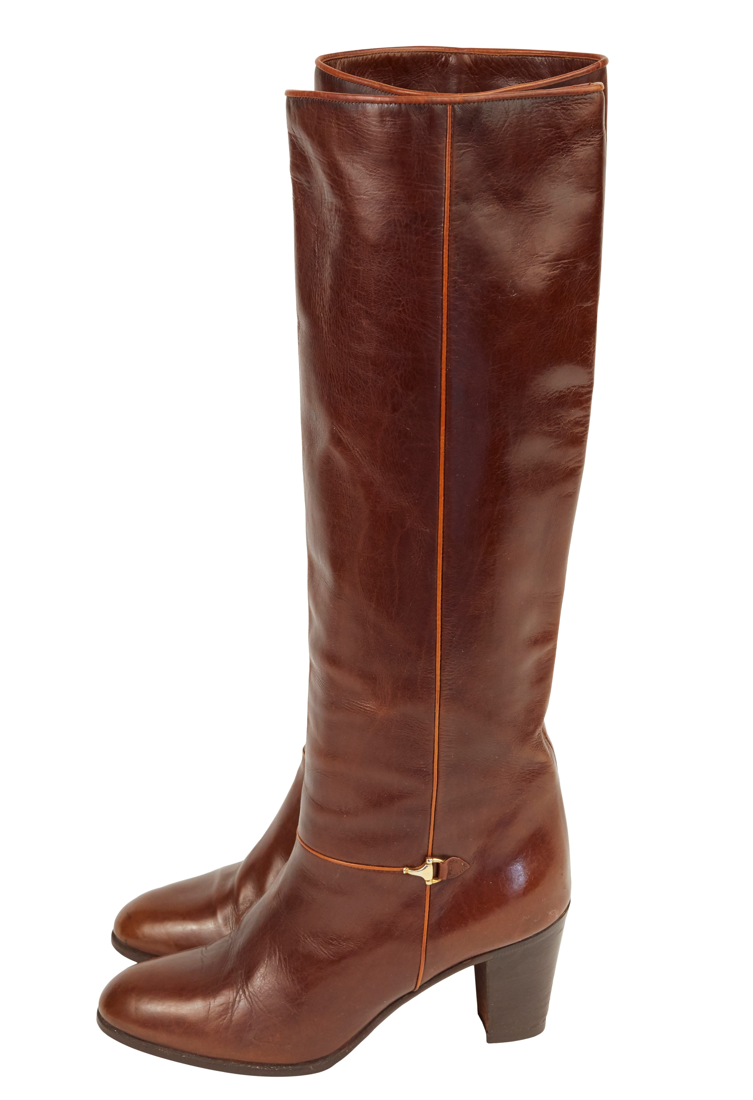 1970s Horsebit Brown Leather Wood Stacked Heel Boots