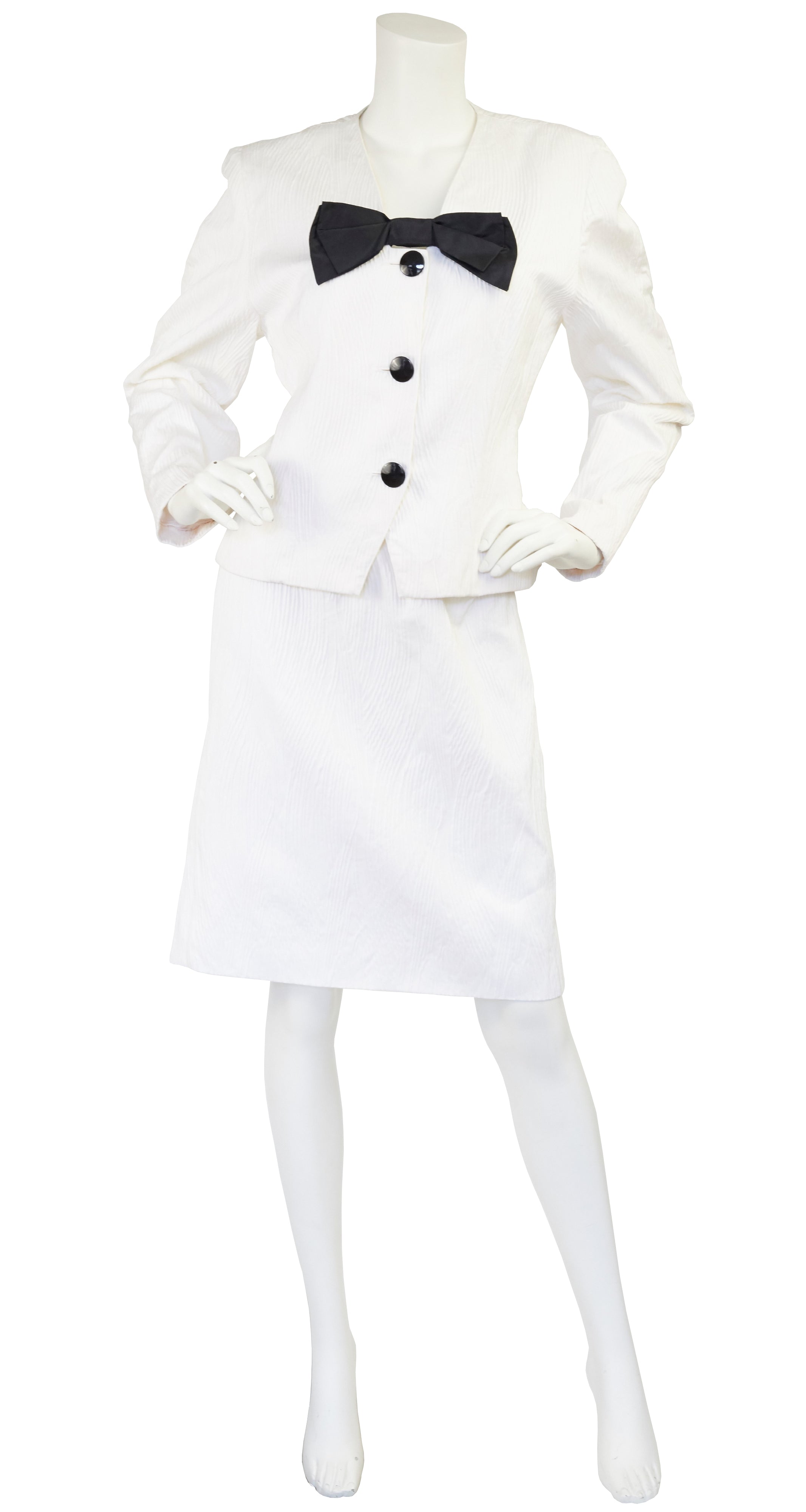 1980s White Cotton Tuxedo Skirt Suit