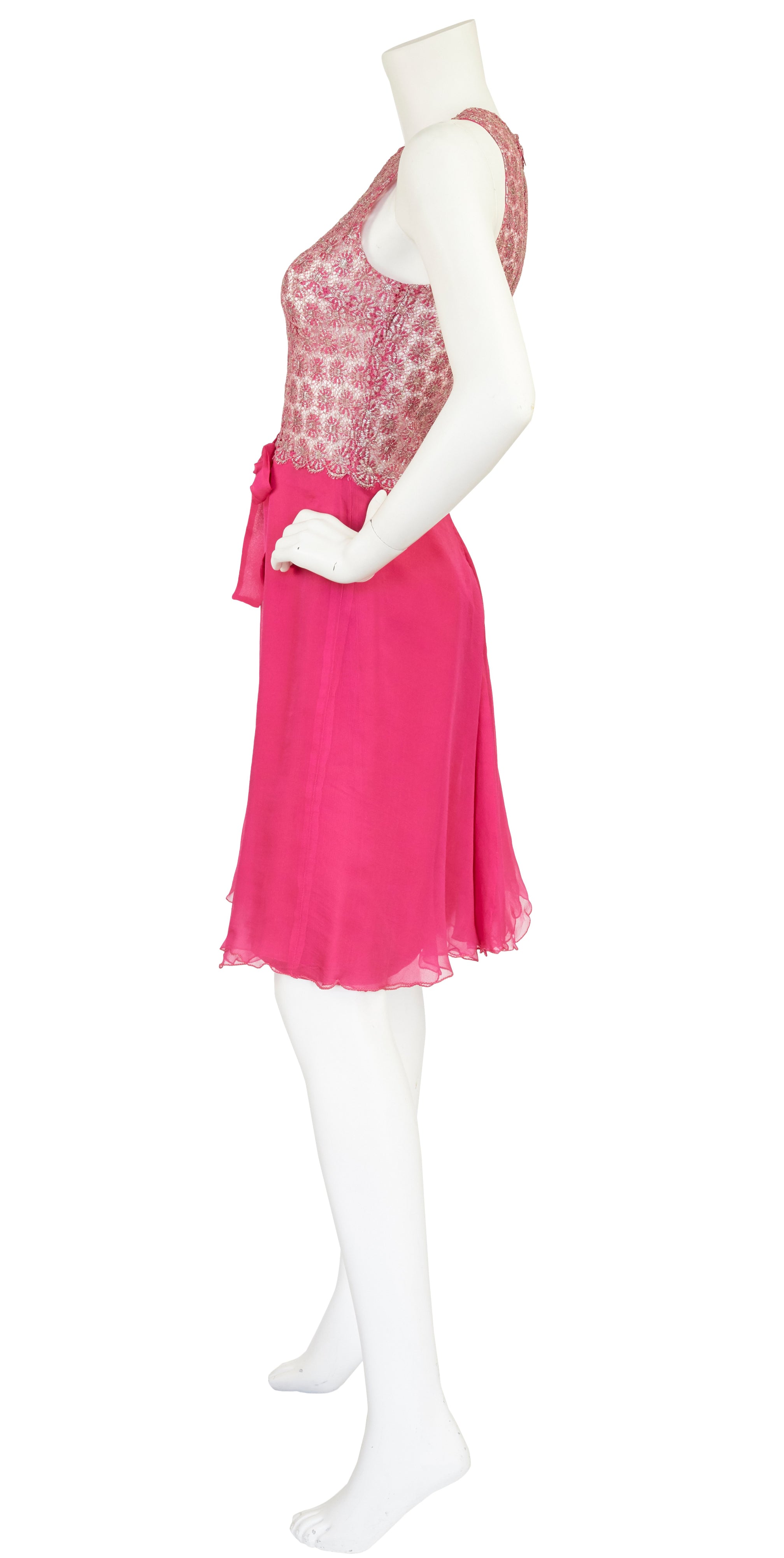 1960s French Silver Lamé & Hot Pink Silk Chiffon Cocktail Dress