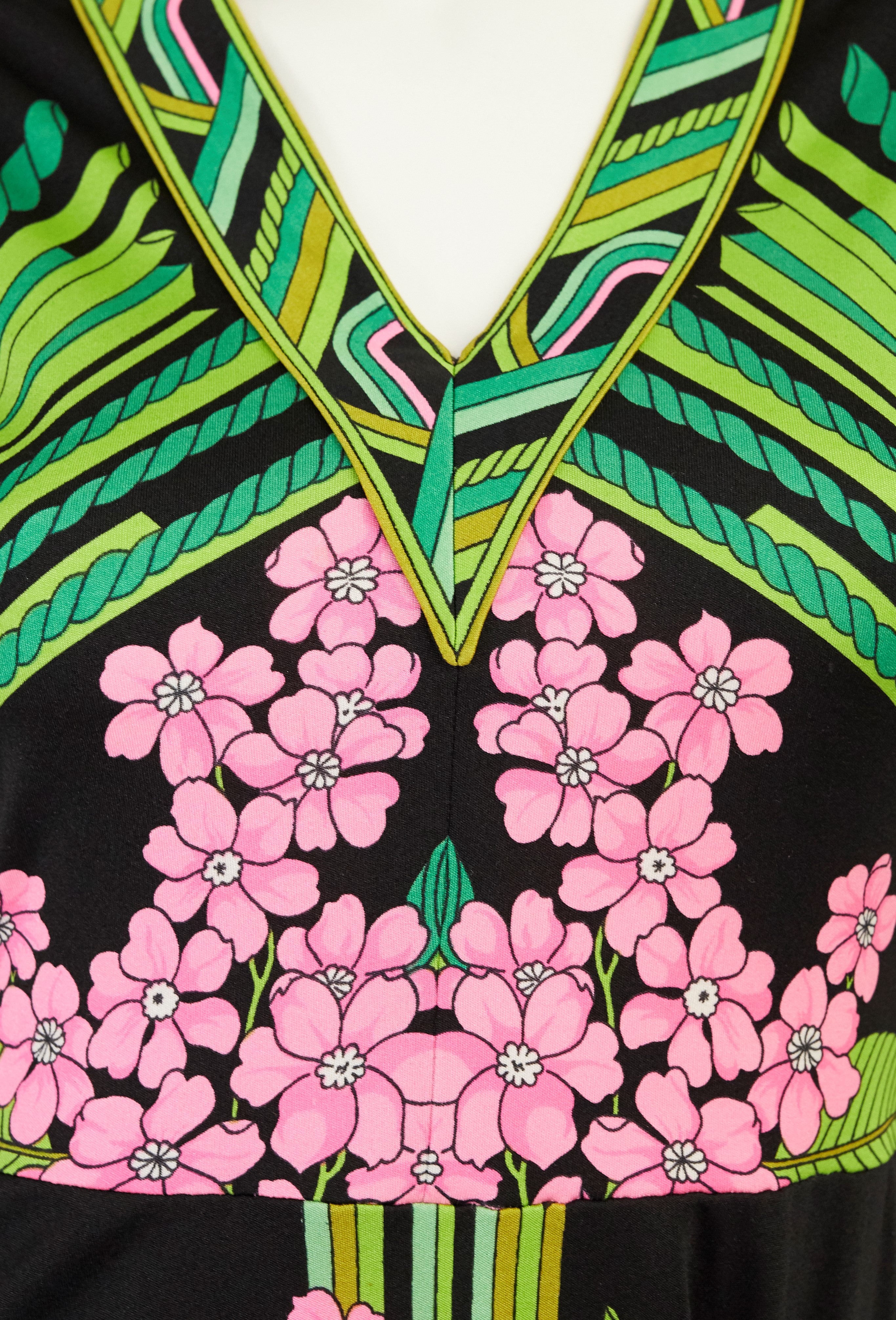 1970s Green & Pink Floral Black Jersey Sleeveless Dress