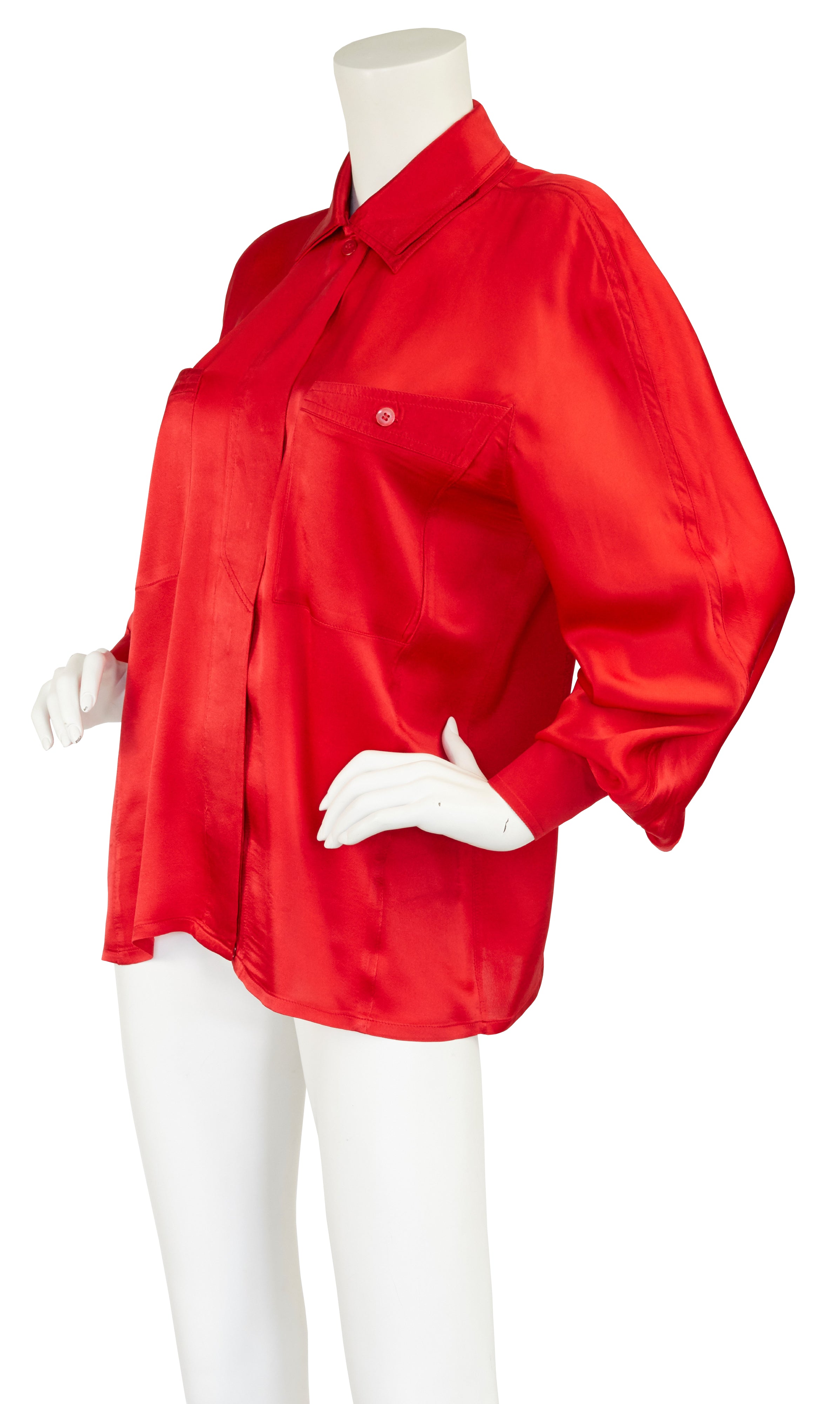 1980s Red Silk Collared Button-Up Blouse