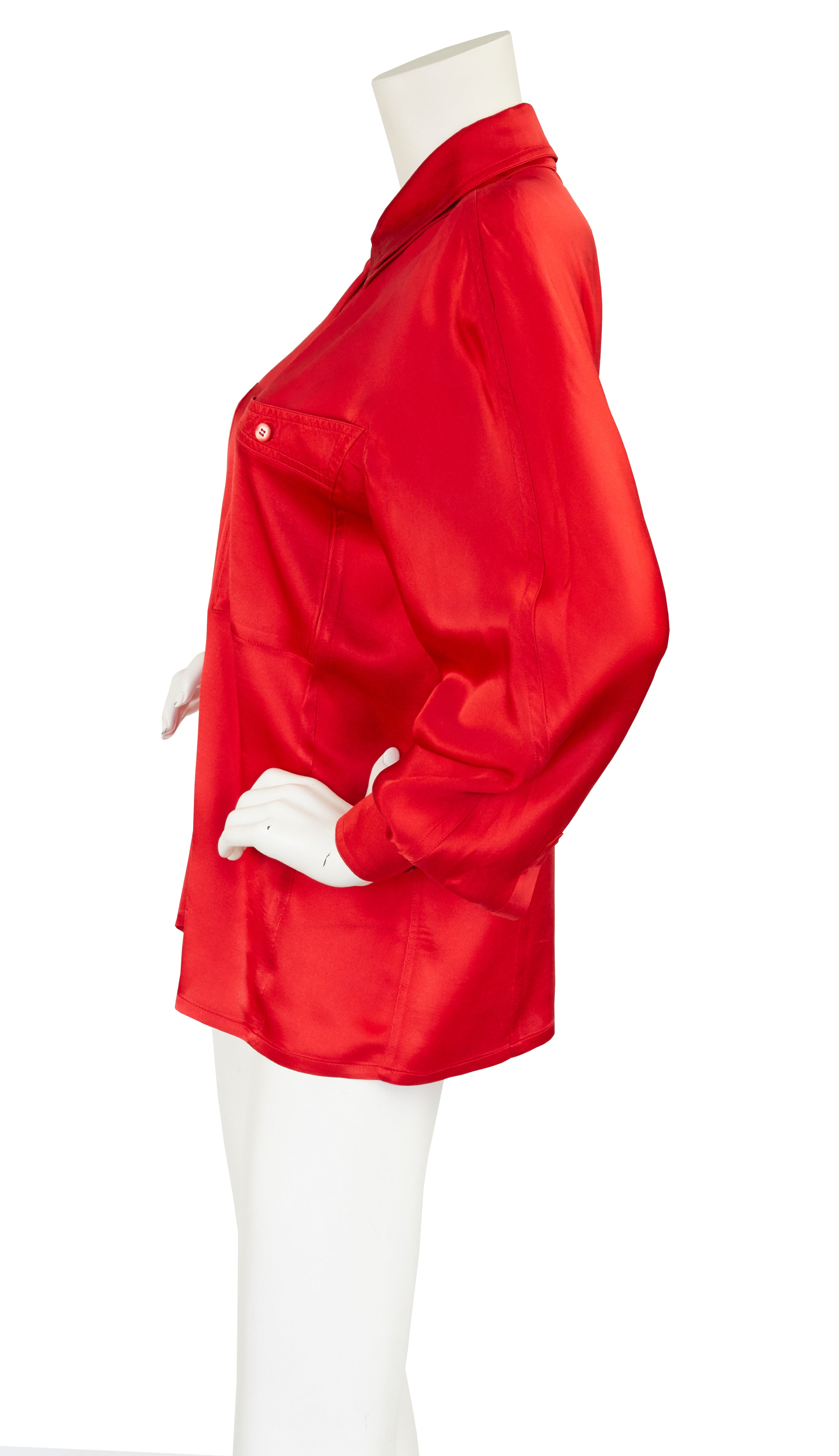 1980s Red Silk Collared Button-Up Blouse