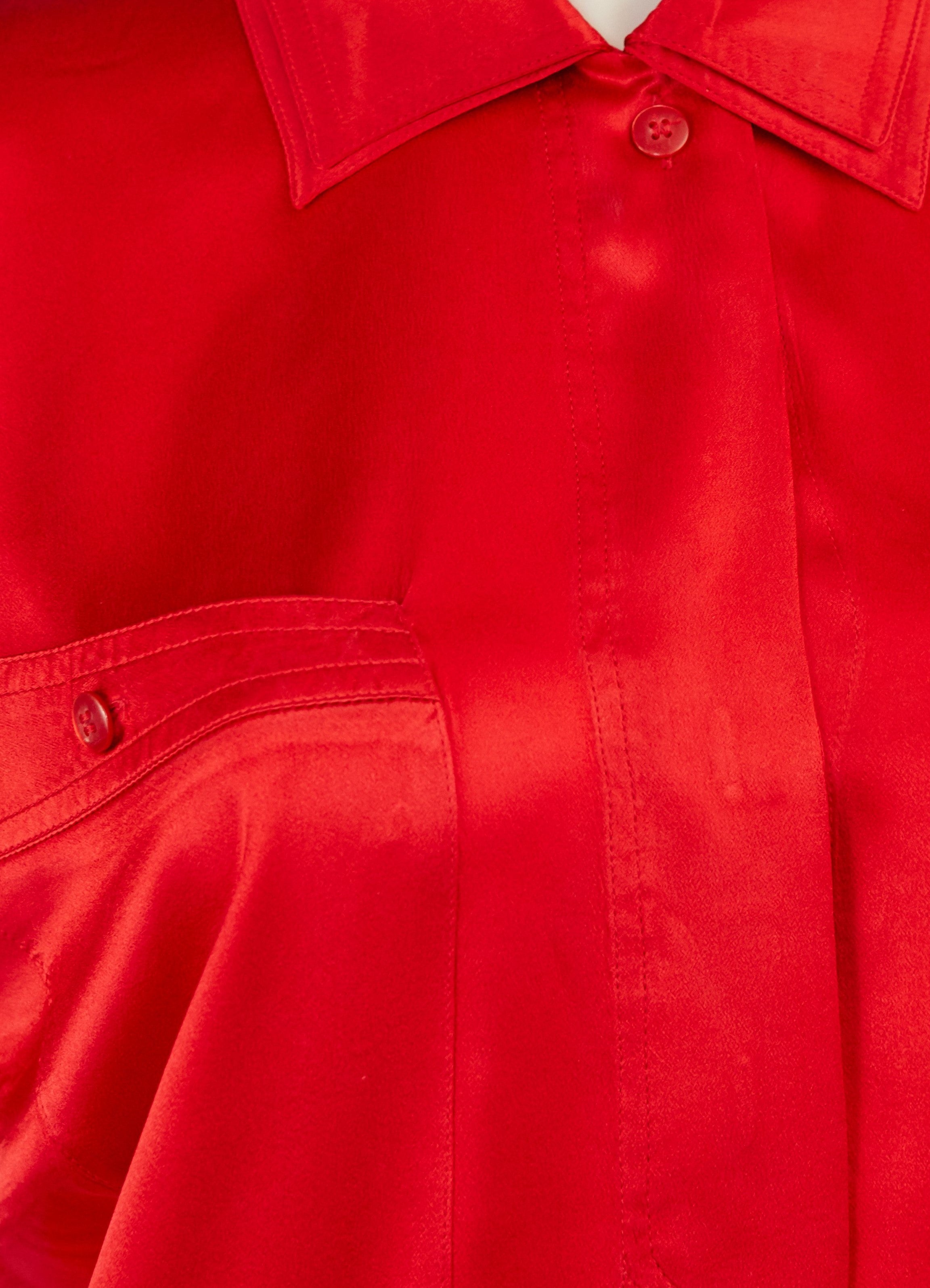 1980s Red Silk Collared Button-Up Blouse