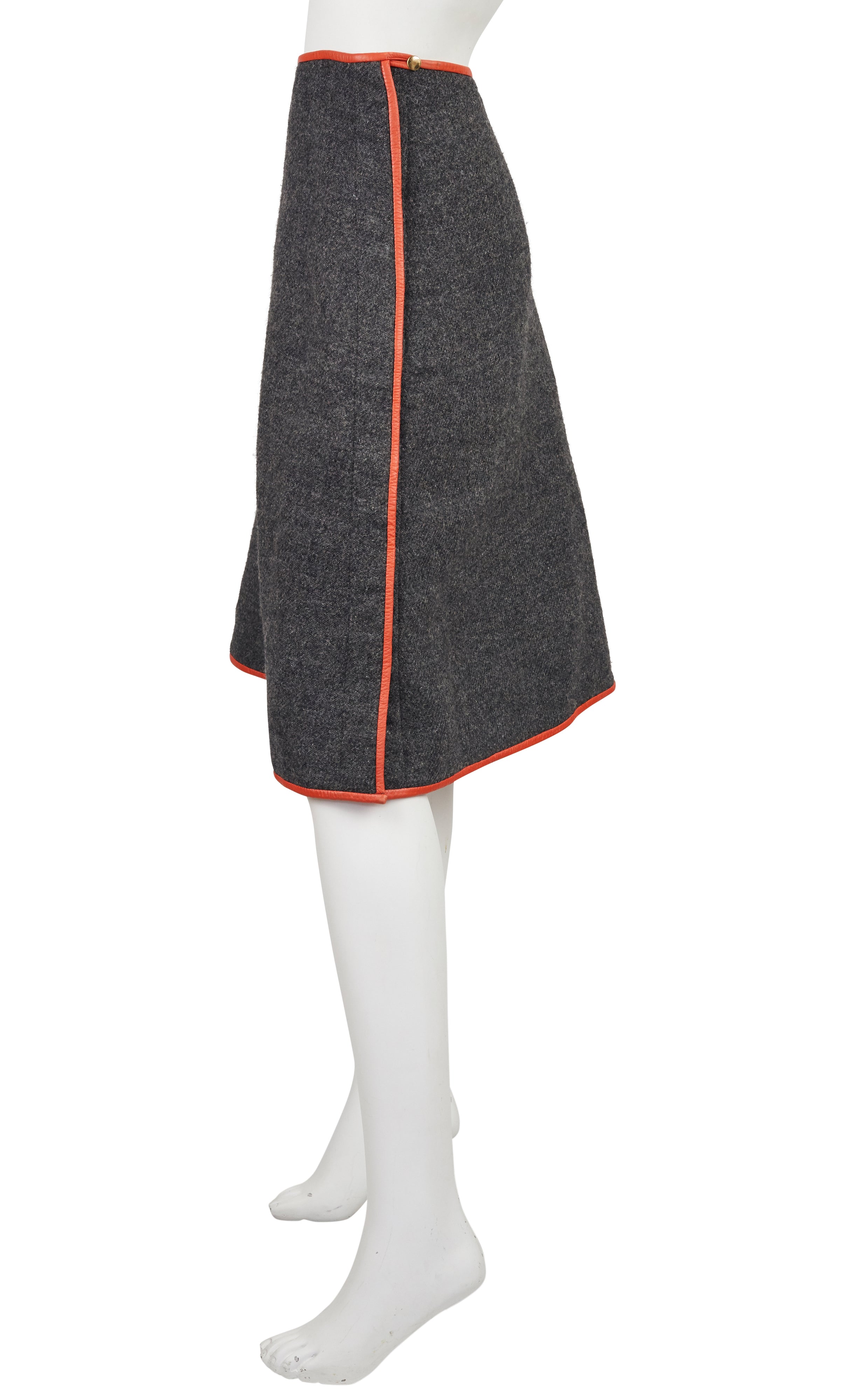 1960s Sills Gray Wool Leather Trim A-Line Skirt