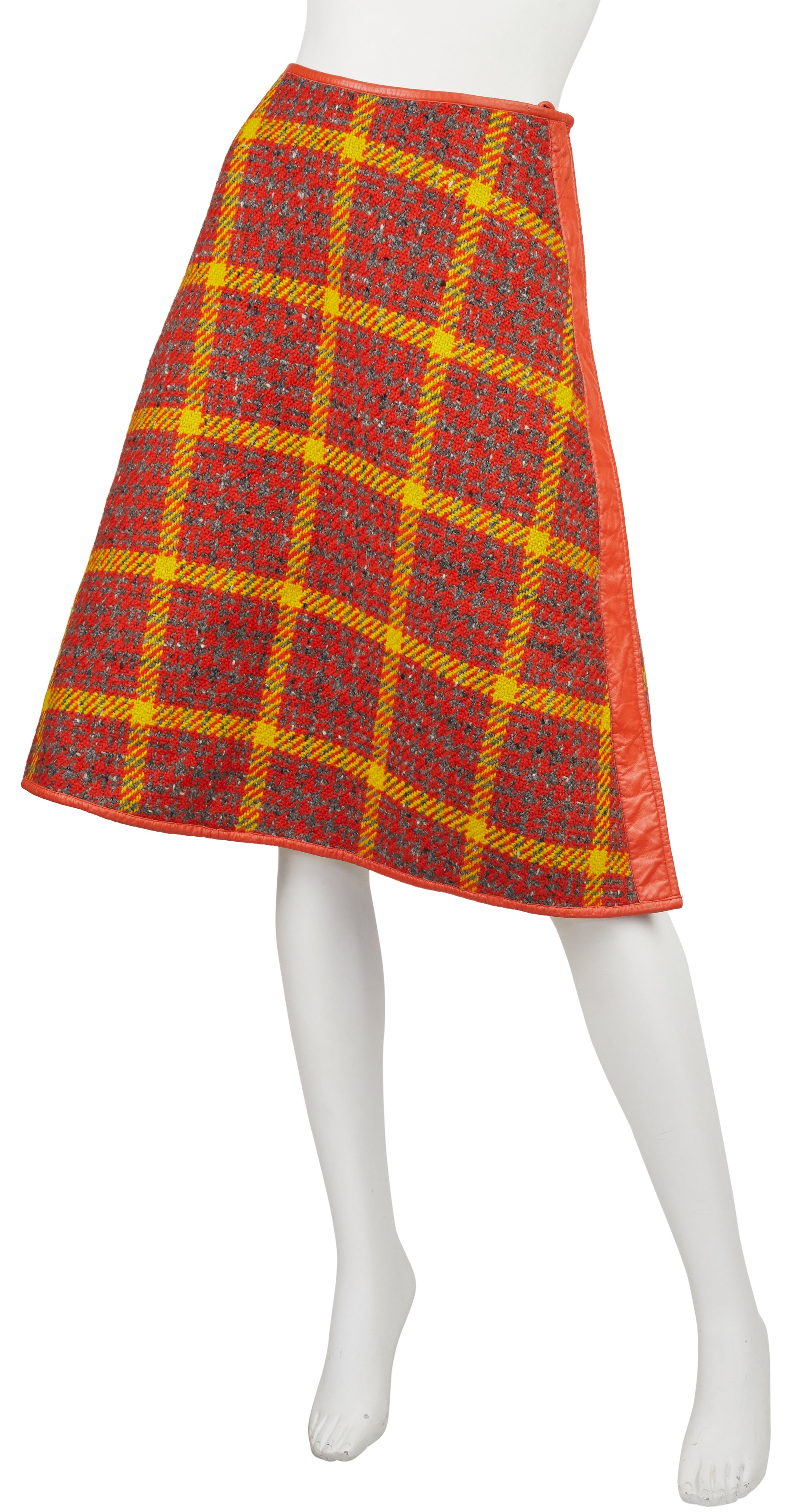 1960s Sills Gray Wool Leather Trim A-Line Skirt