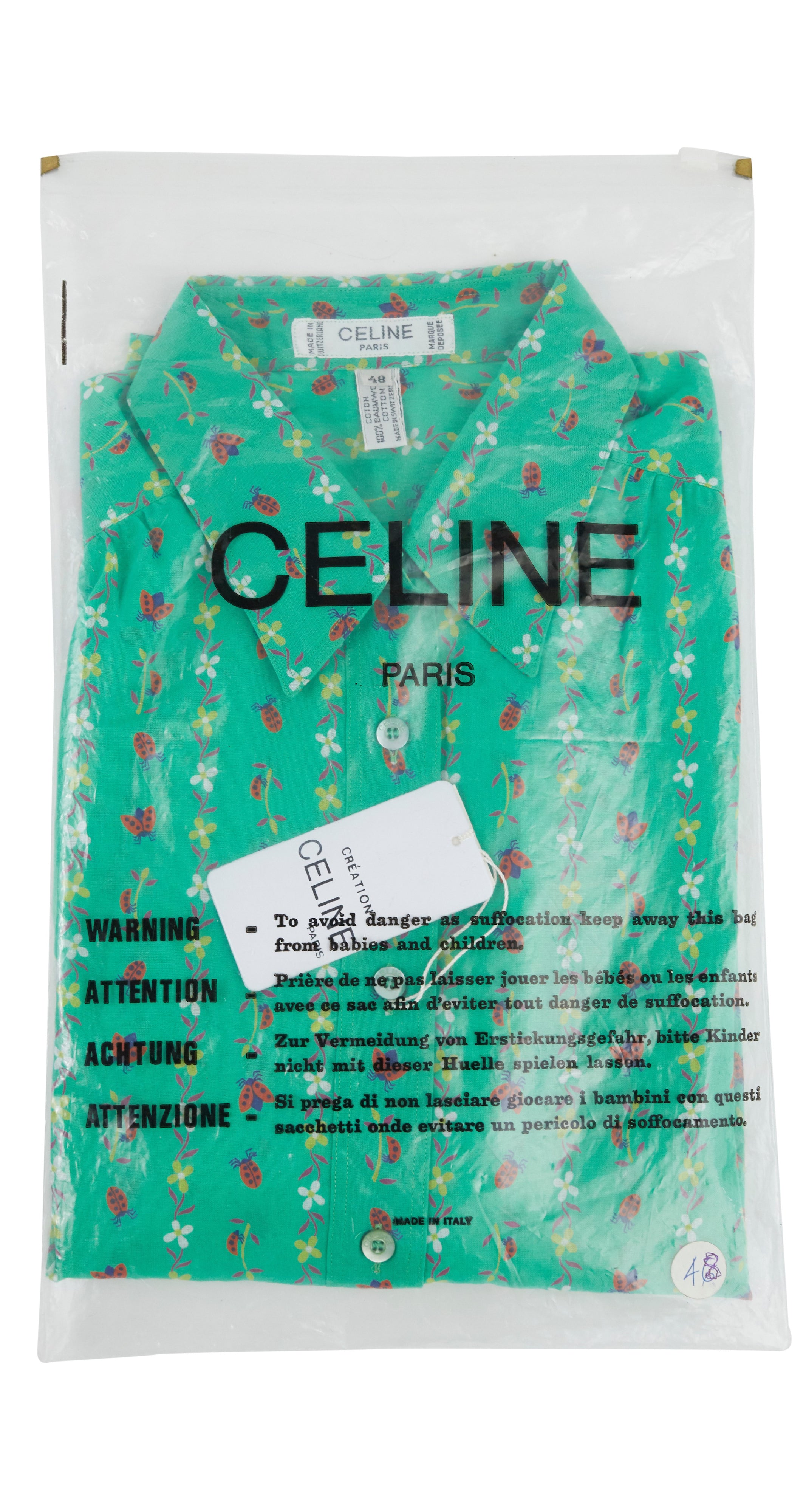 1970s Deadstock Ladybug Print Green Cotton Blouse