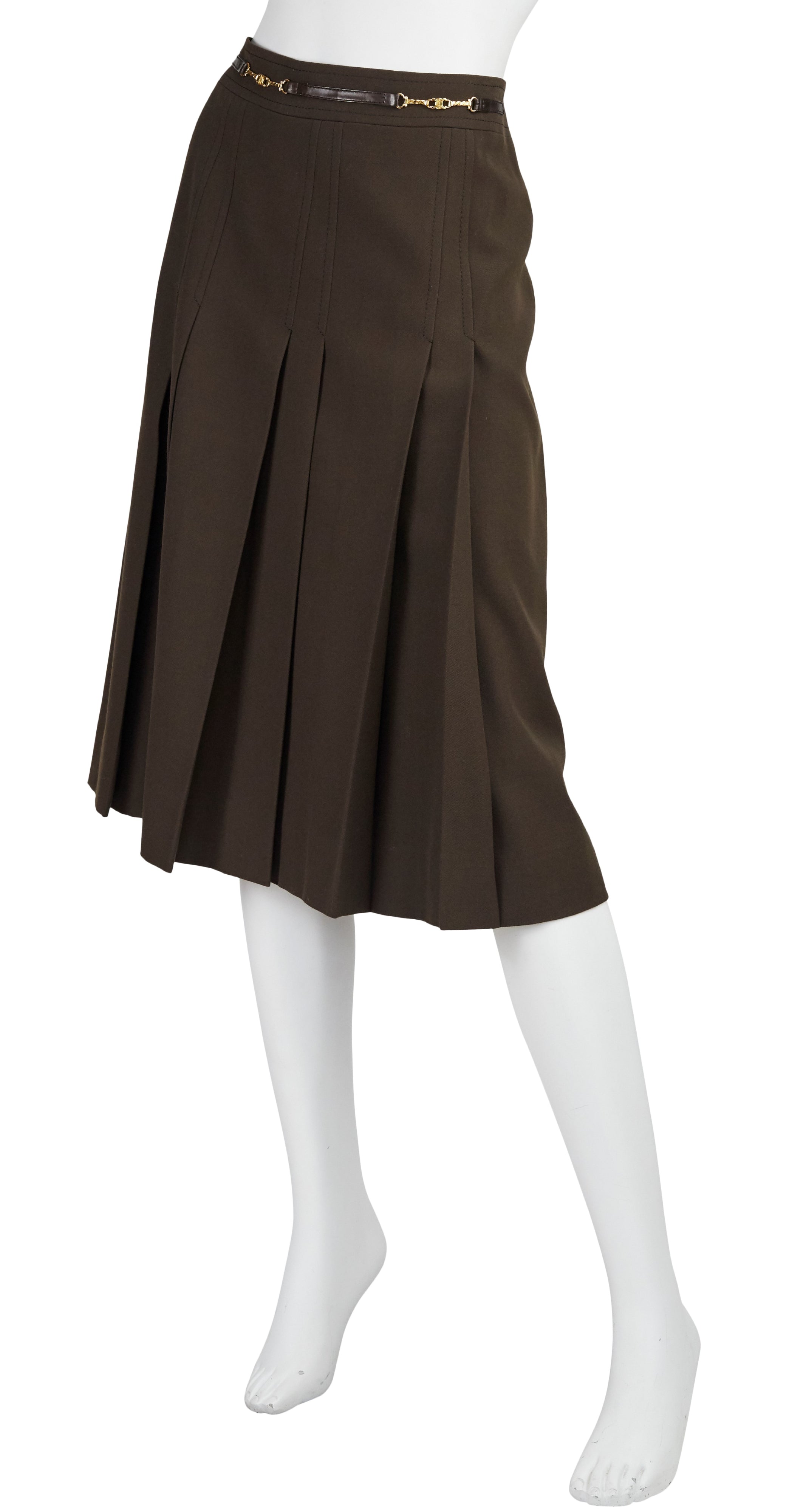 1970s Horsebit Brown Wool Pleated Skirt