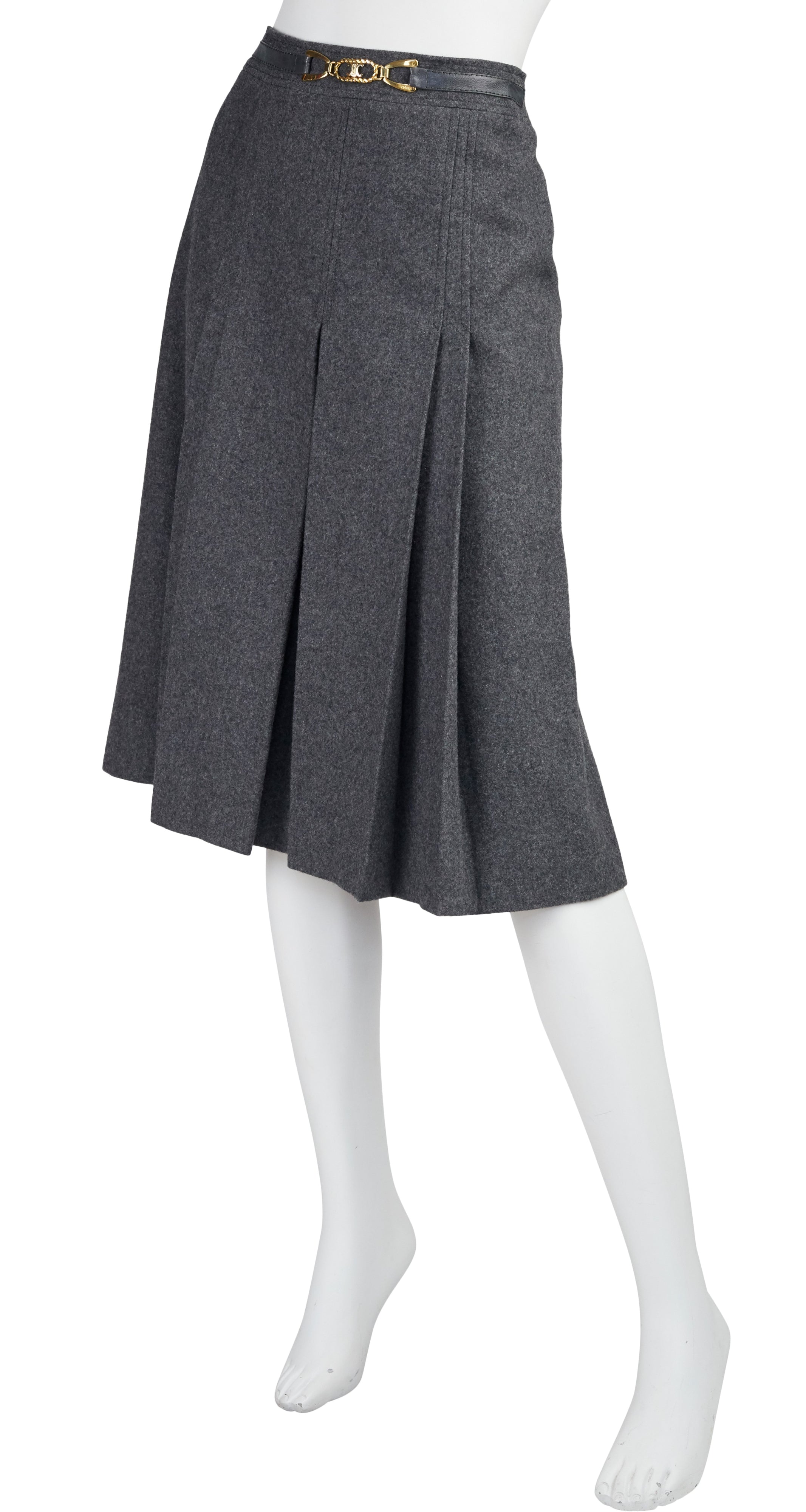 1970s Gold Buckle Gray Wool Pleated Skirt