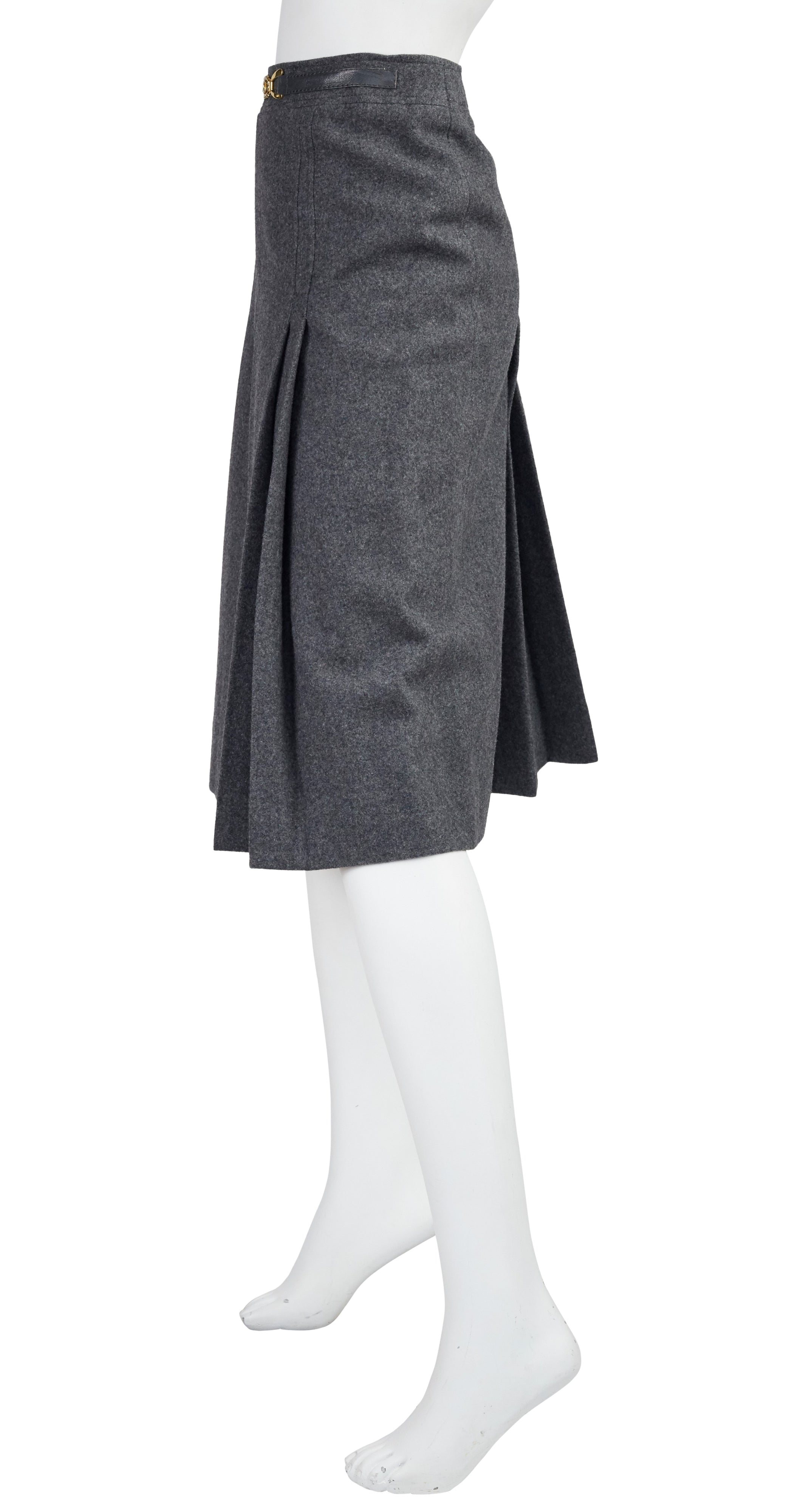 1970s Gold Buckle Gray Wool Pleated Skirt