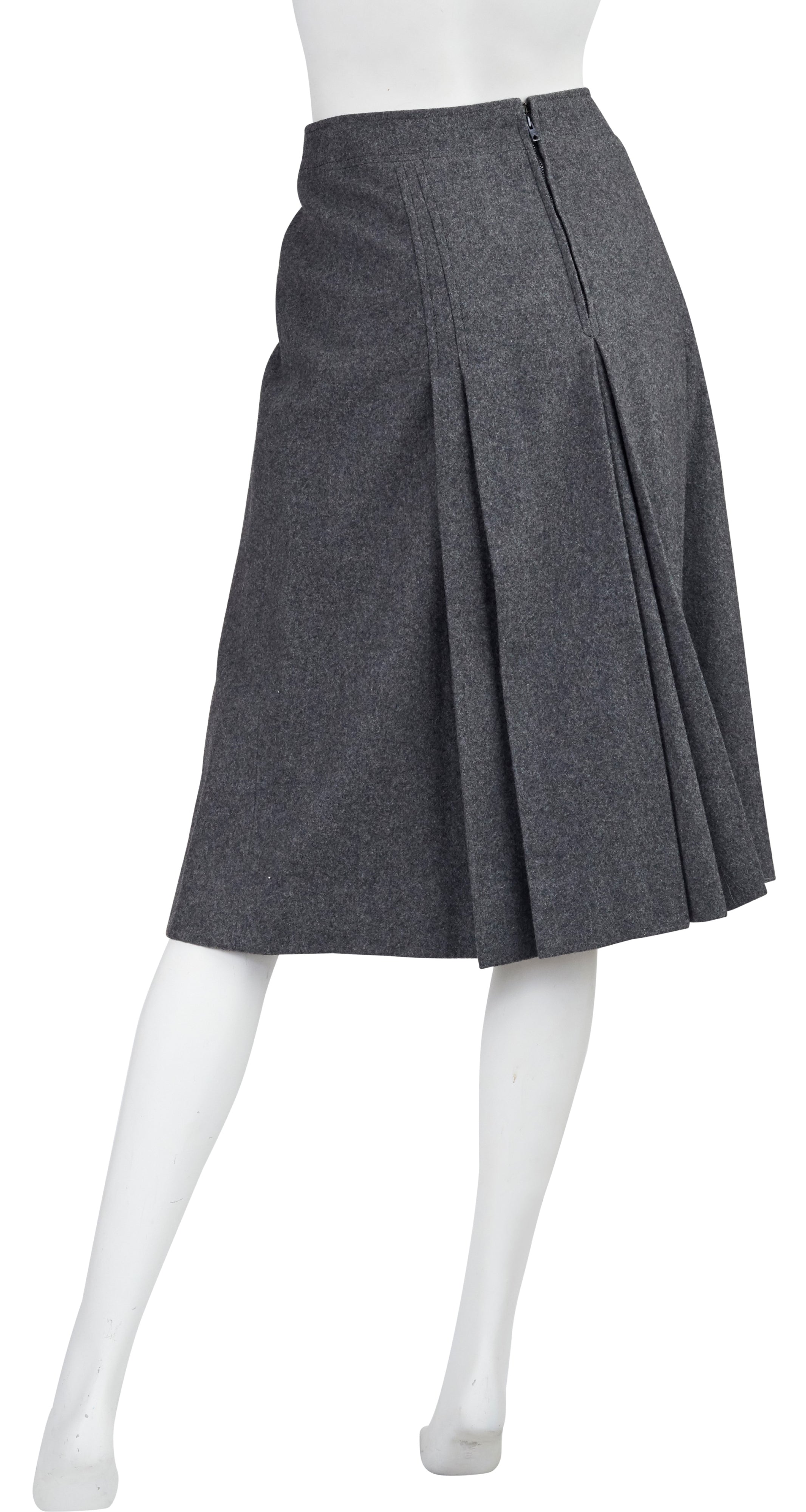 1970s Gold Buckle Gray Wool Pleated Skirt