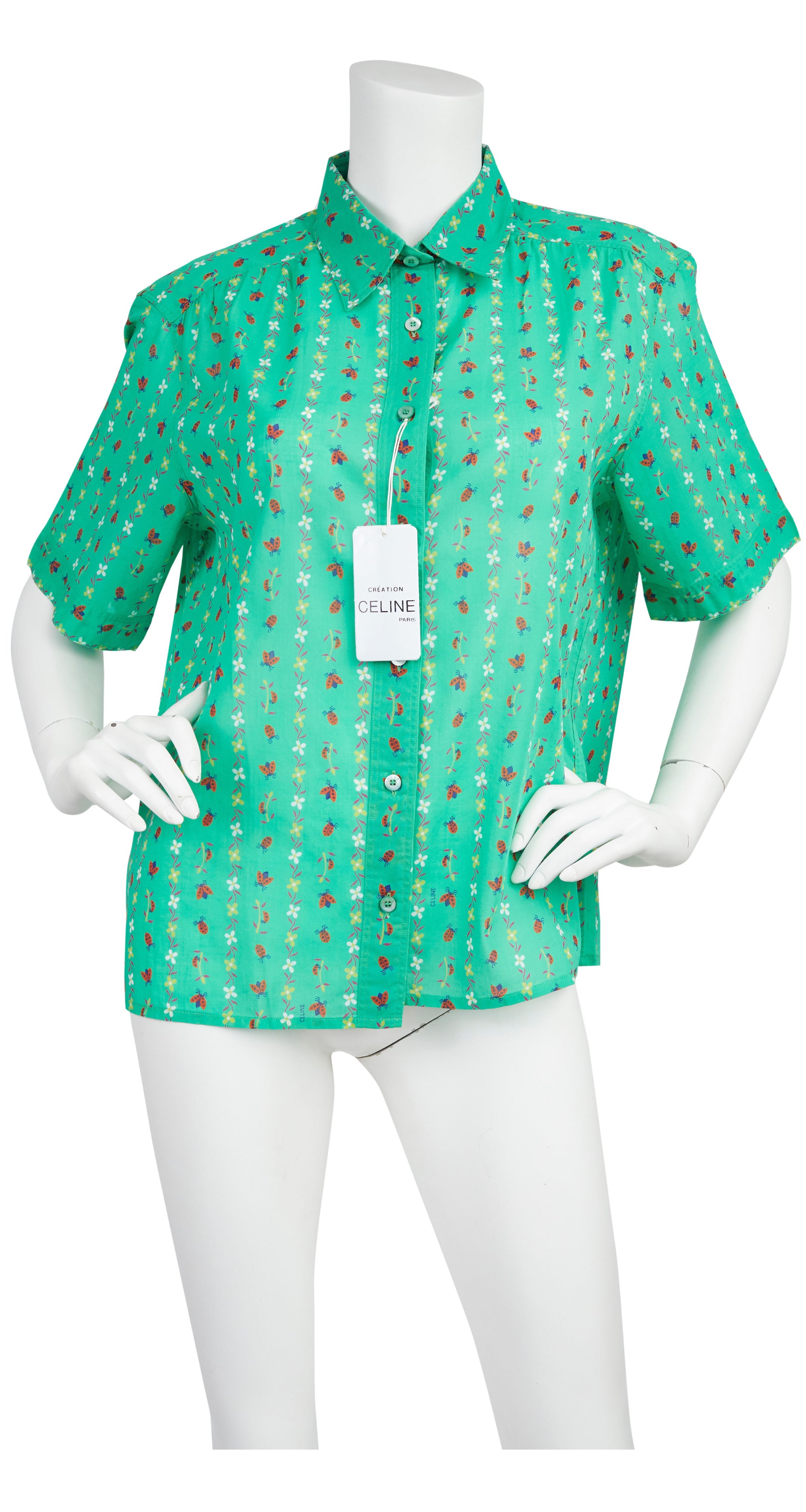 1970s Deadstock Ladybug Print Green Cotton Blouse
