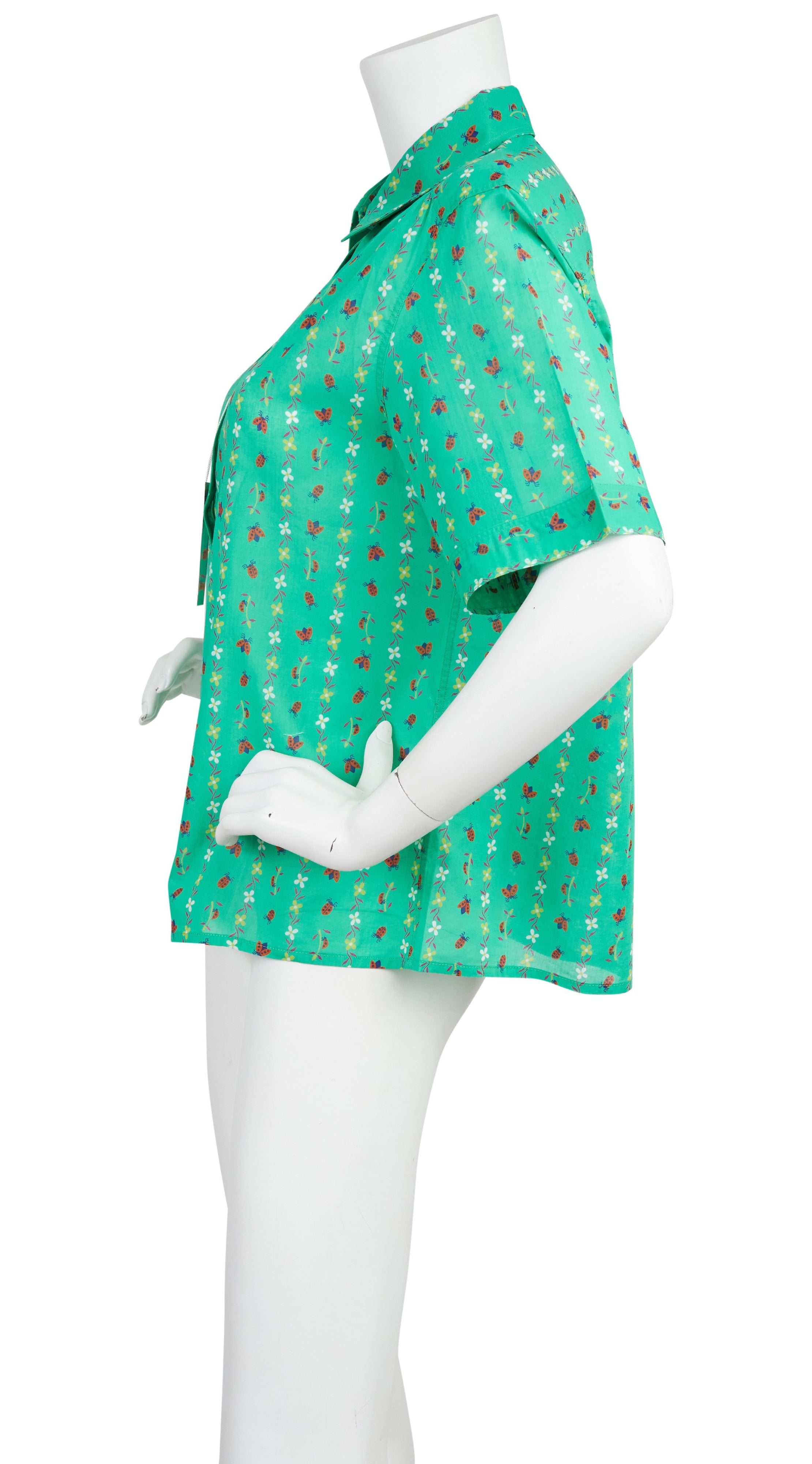 1970s Deadstock Ladybug Print Green Cotton Blouse