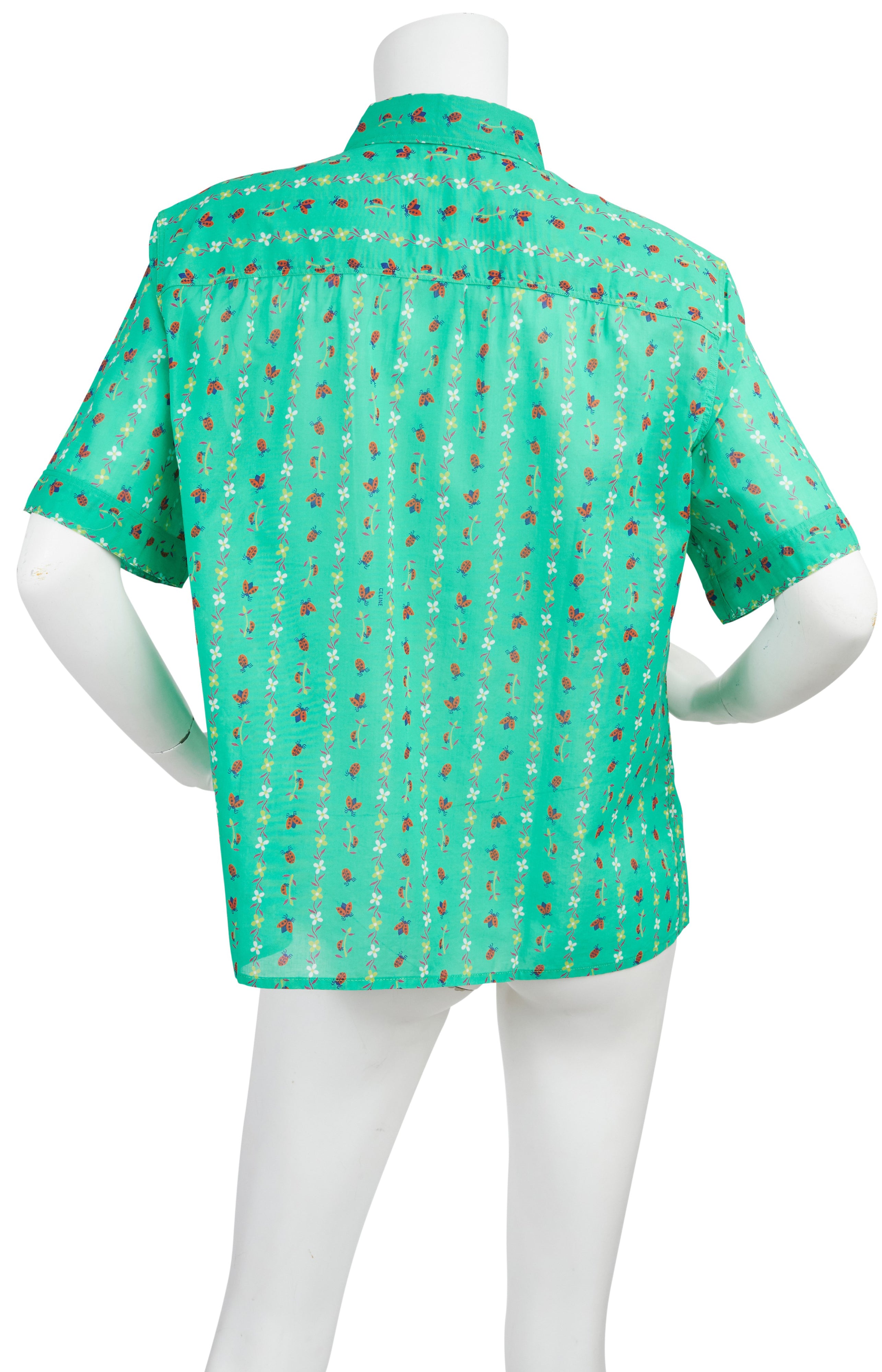 1970s Deadstock Ladybug Print Green Cotton Blouse