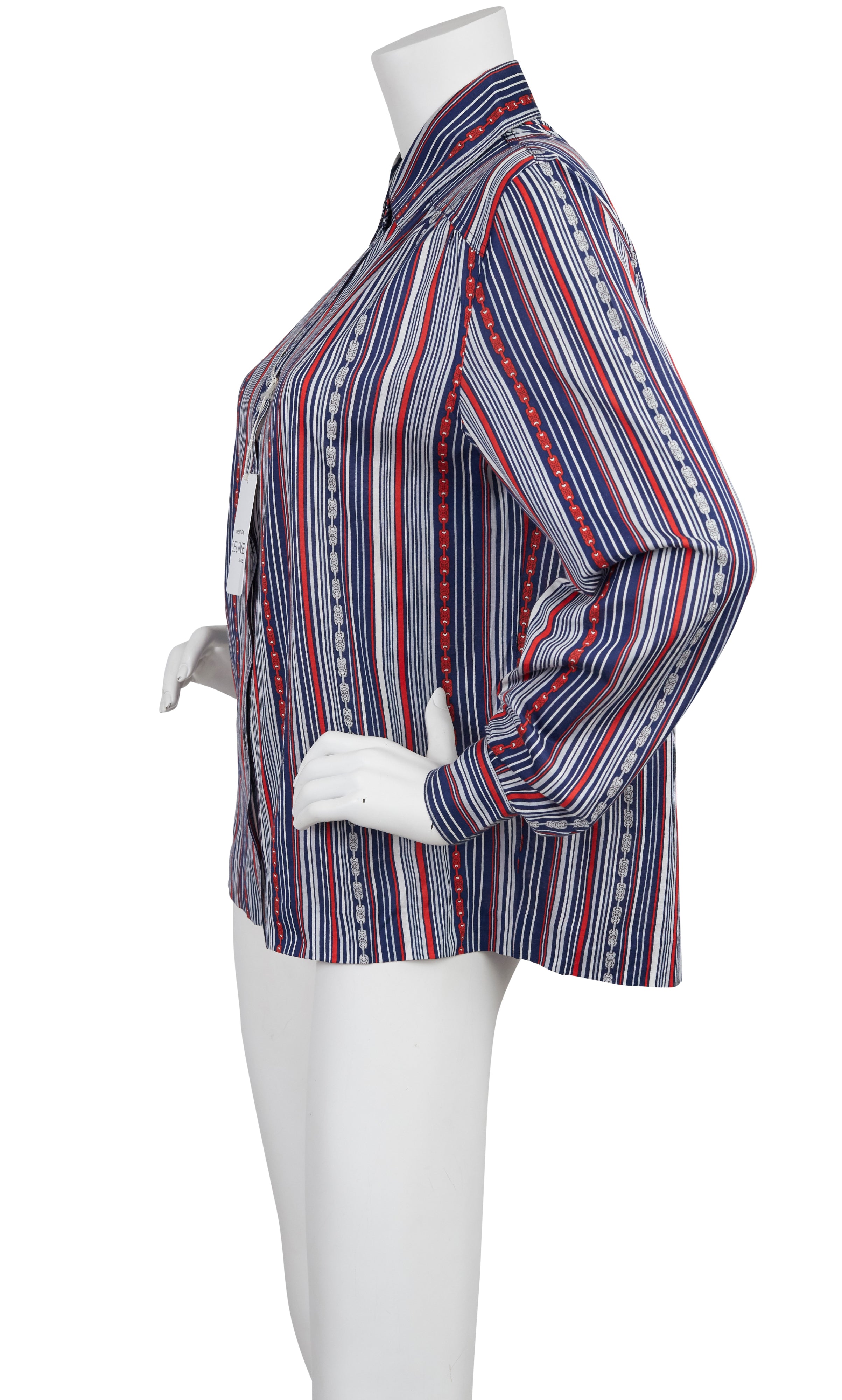 1970s Striped Chain-Link Cotton Button-Up Blouse