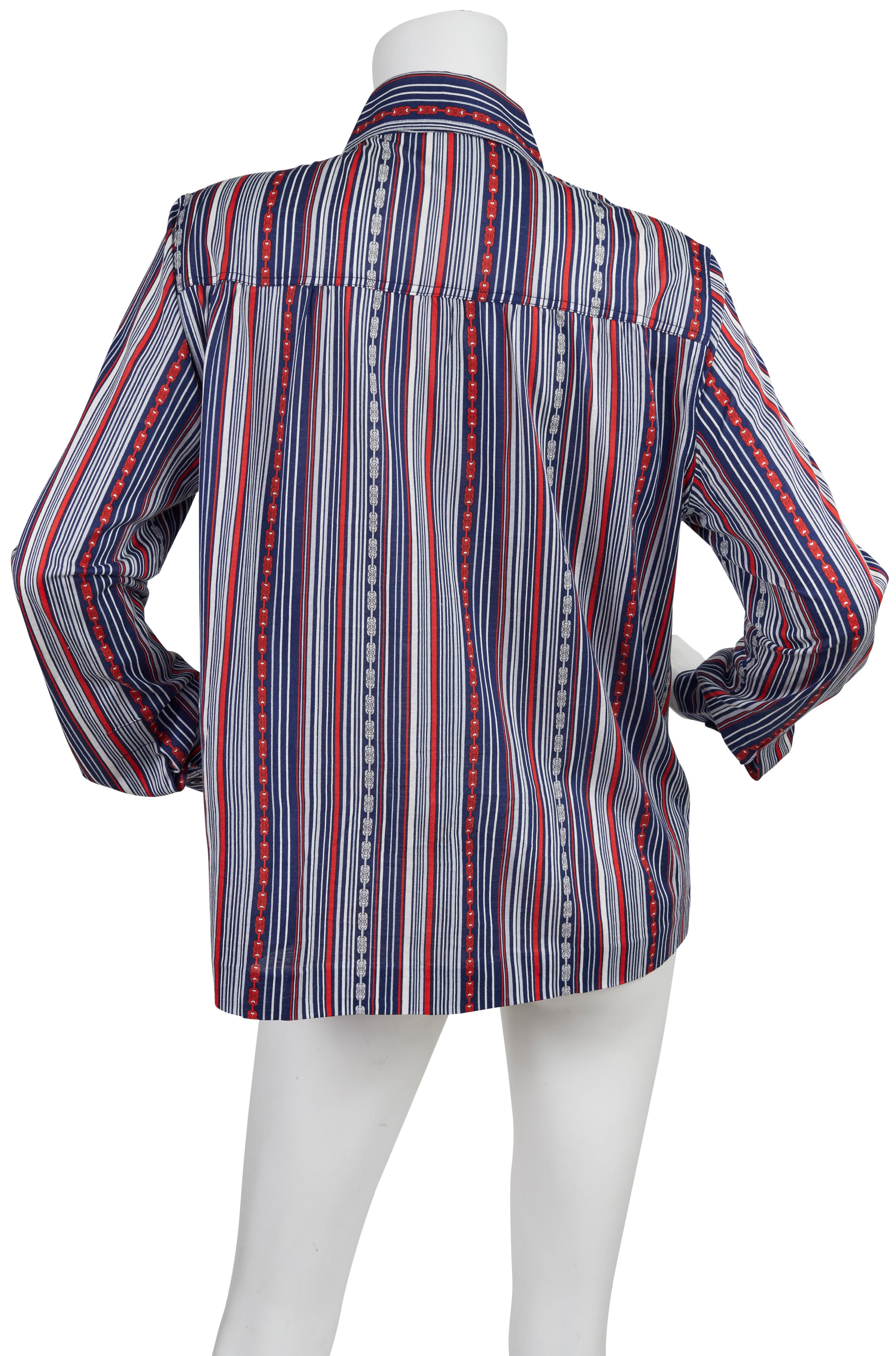 1970s Striped Chain-Link Cotton Button-Up Blouse
