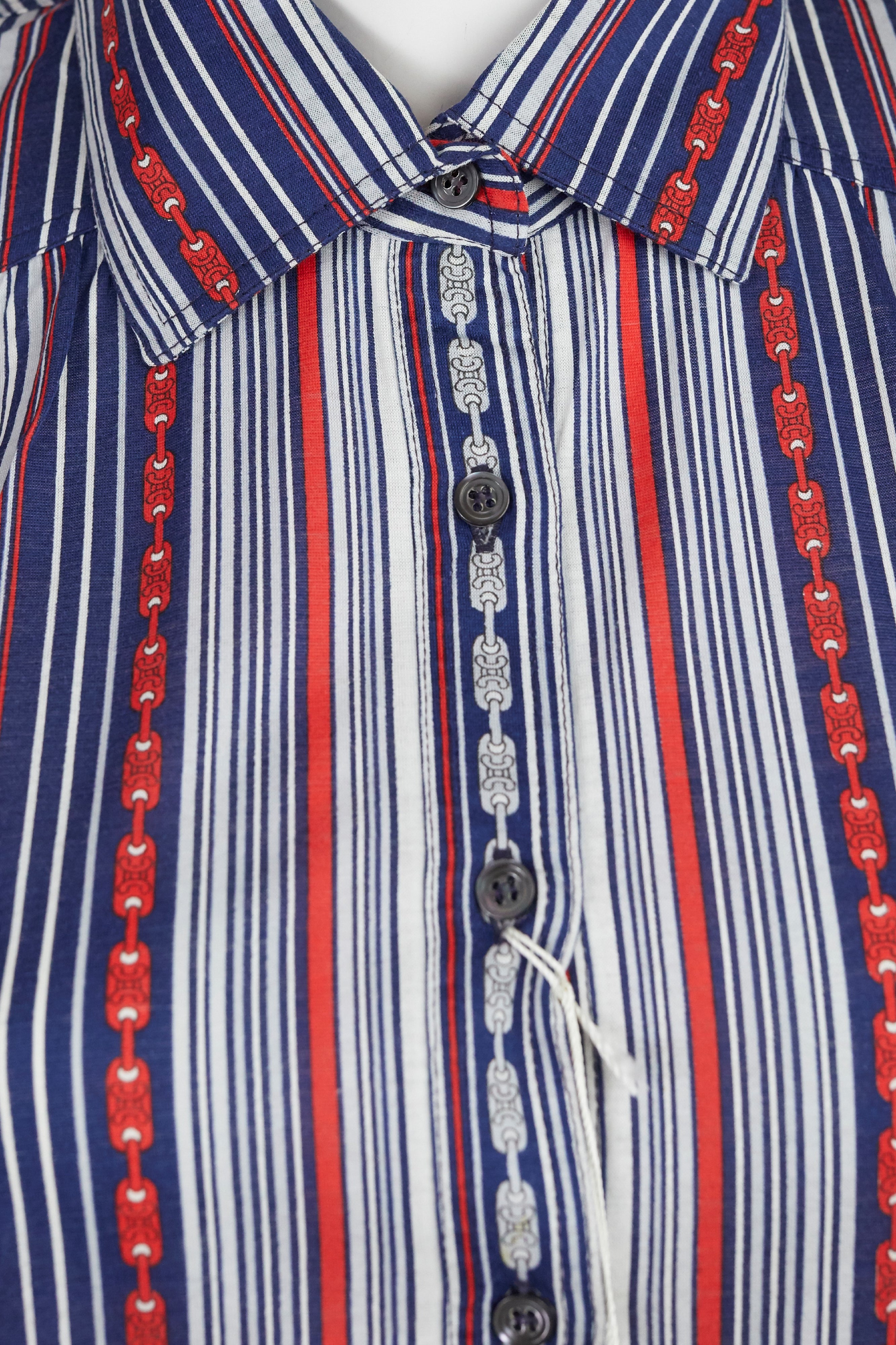 1970s Striped Chain-Link Cotton Button-Up Blouse