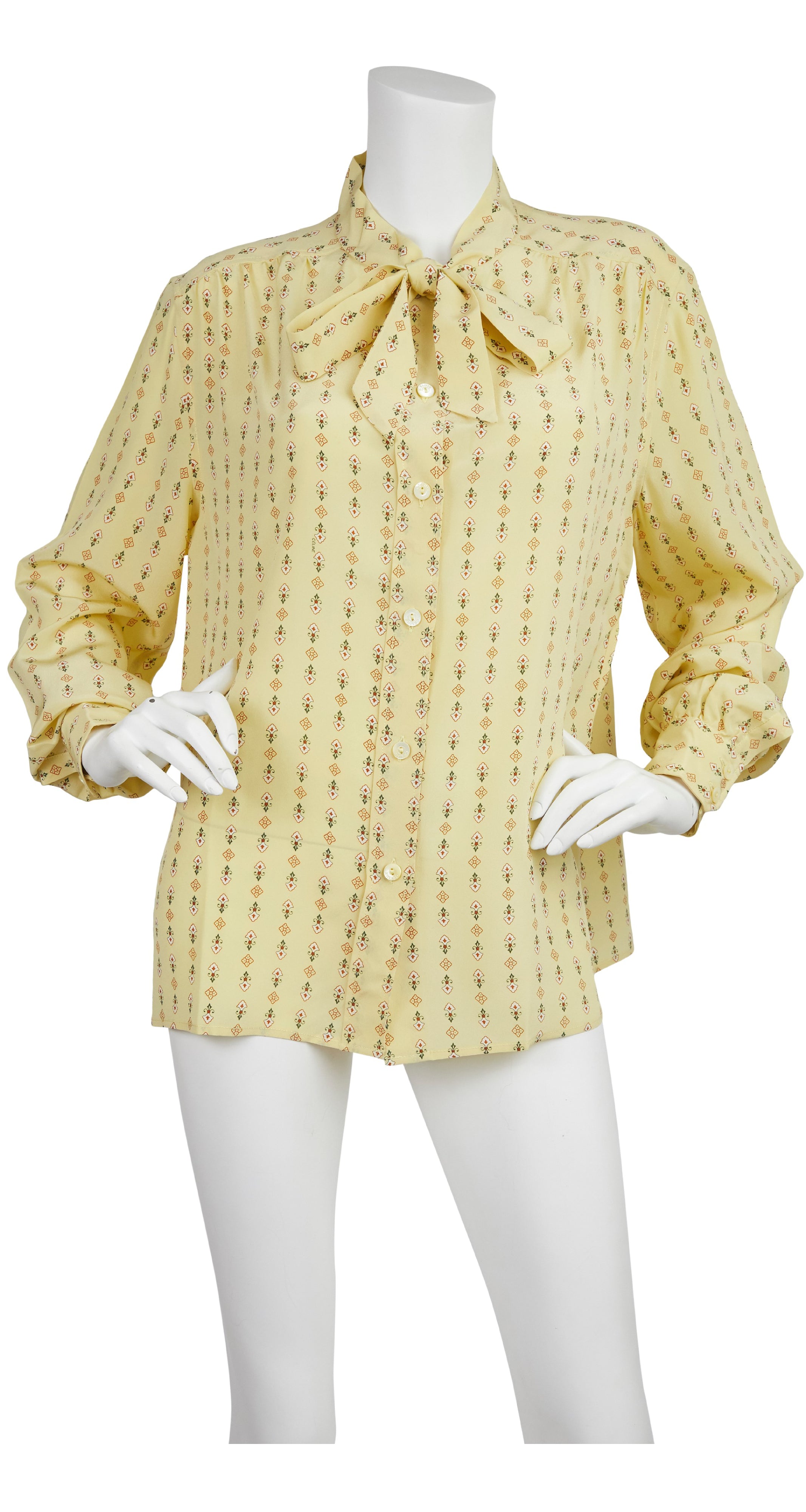 1970s Pale Yellow Print Silk Secretary Blouse