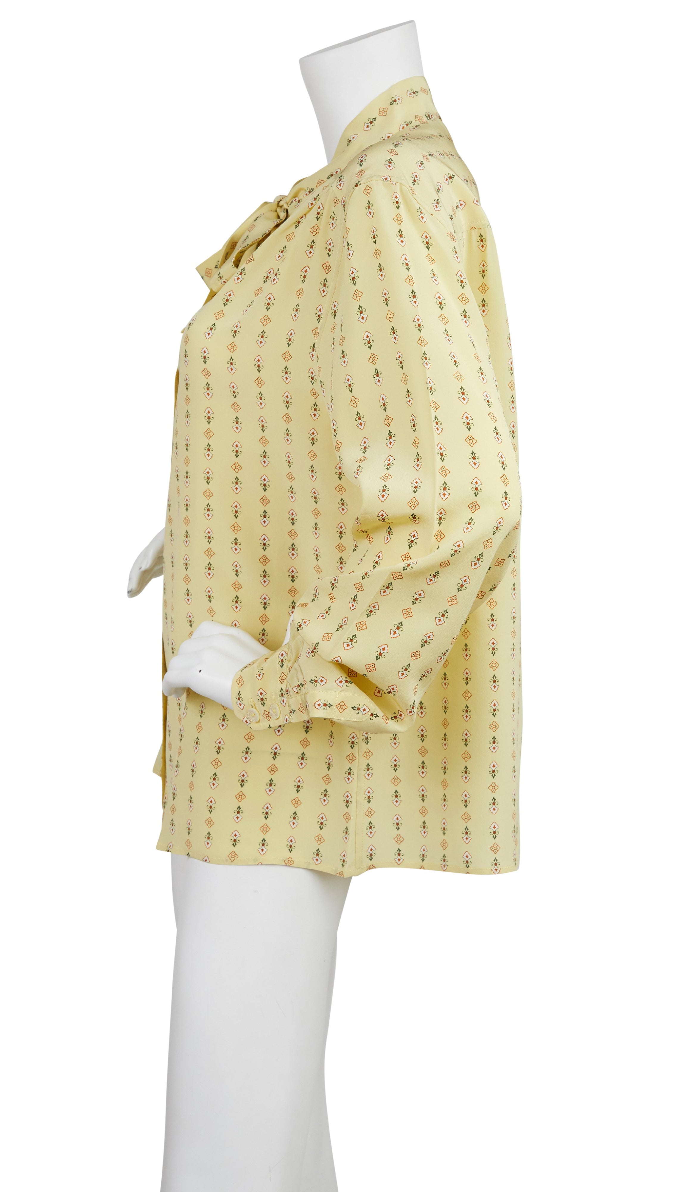 1970s Pale Yellow Print Silk Secretary Blouse