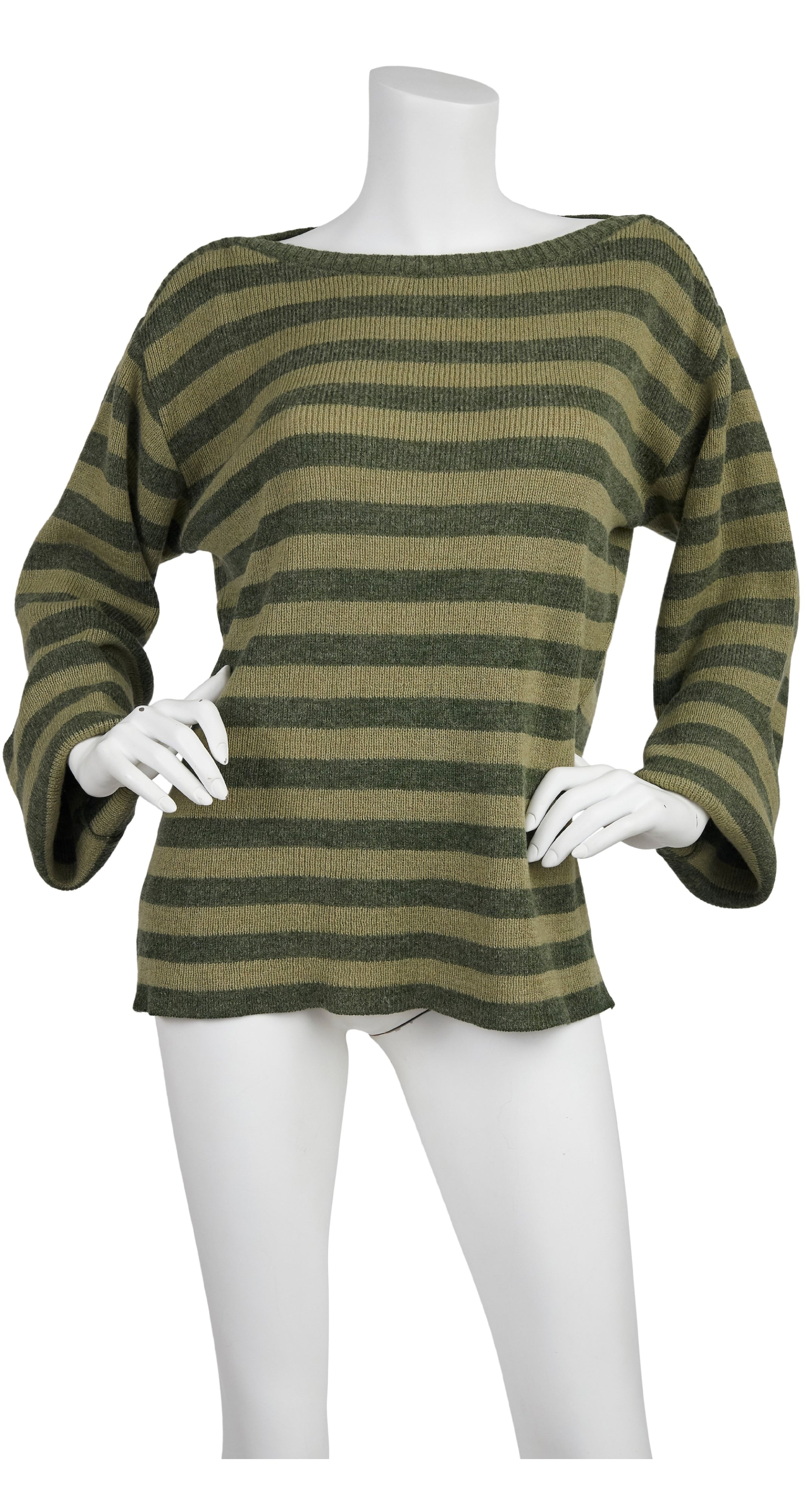 1970s Olive Green Striped Wool Knit Sweater