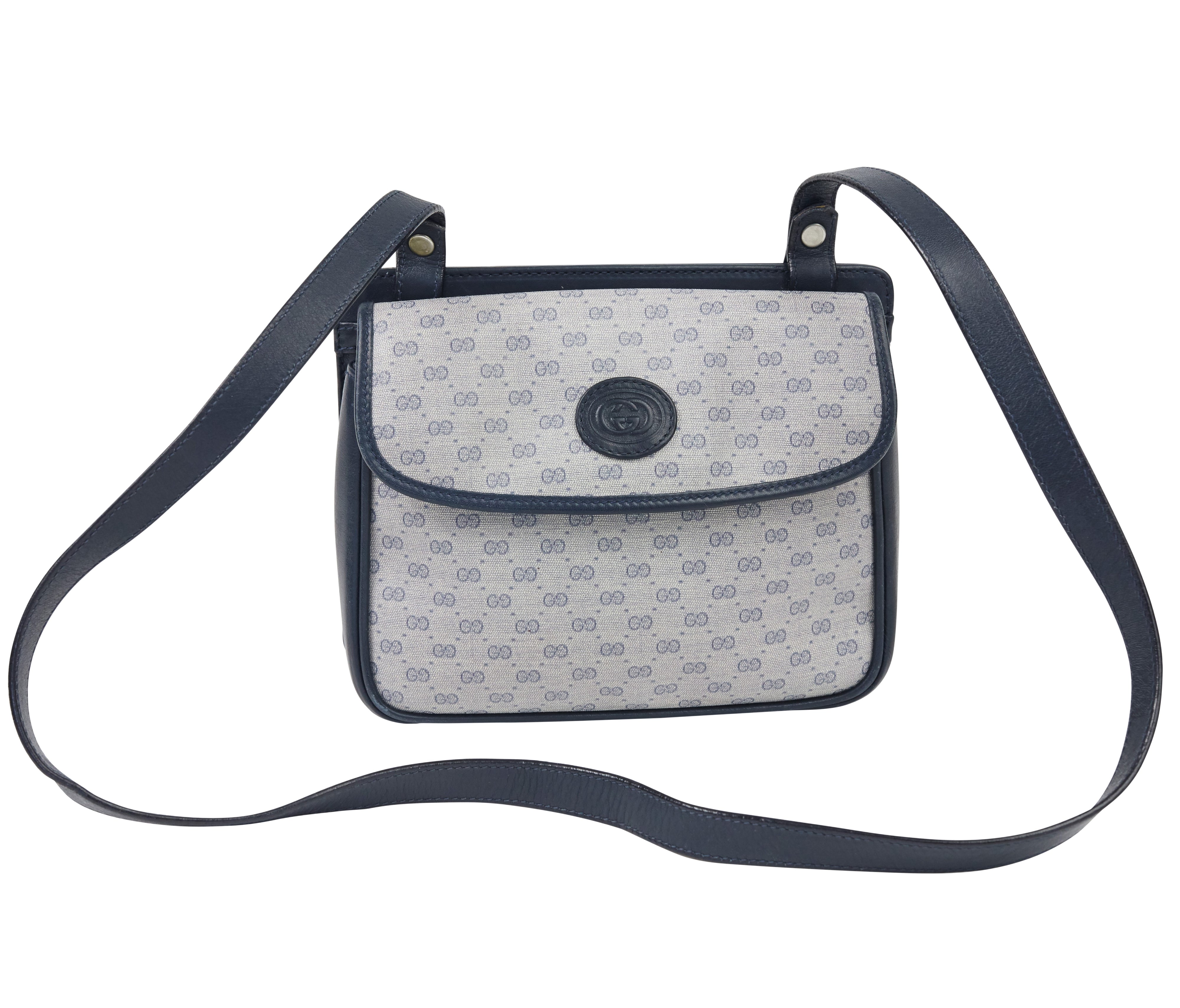 1980s Navy Monogram Canvas and Leather Shoulder Bag